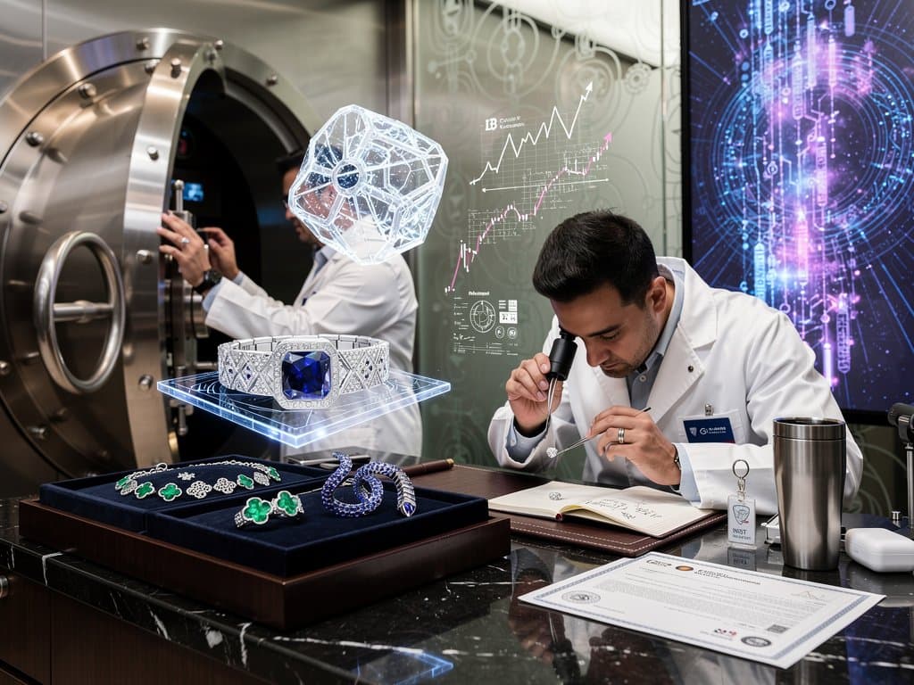 Quantum-secure vault with Cartier pavé diamond NFT, Bitcoin $78,825 chart, and NIST algorithms in luxury jewelry atelier