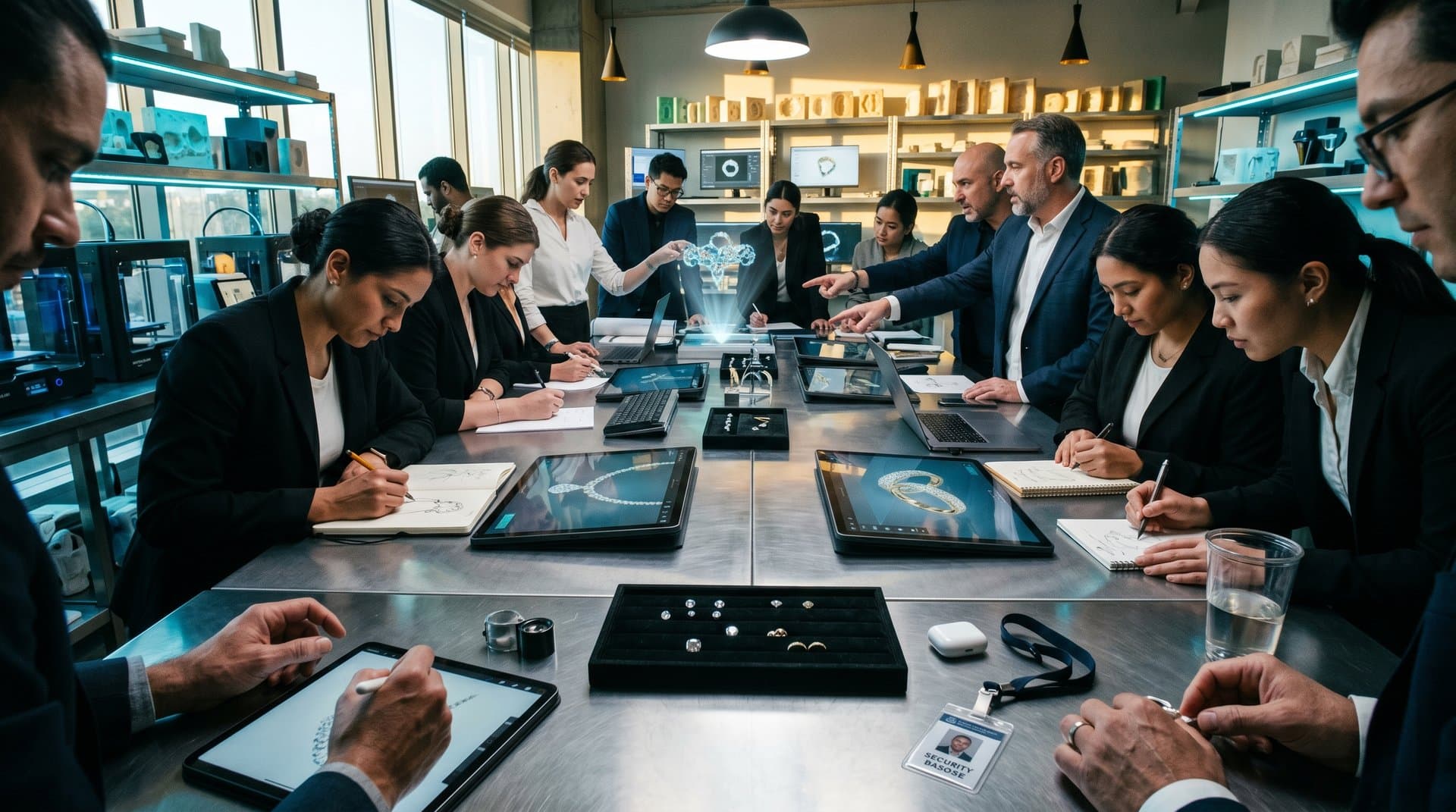Designers in modern workshop review AI-generated 3D bridal jewelry models on screens amid gem trays and design tools under focused lighting