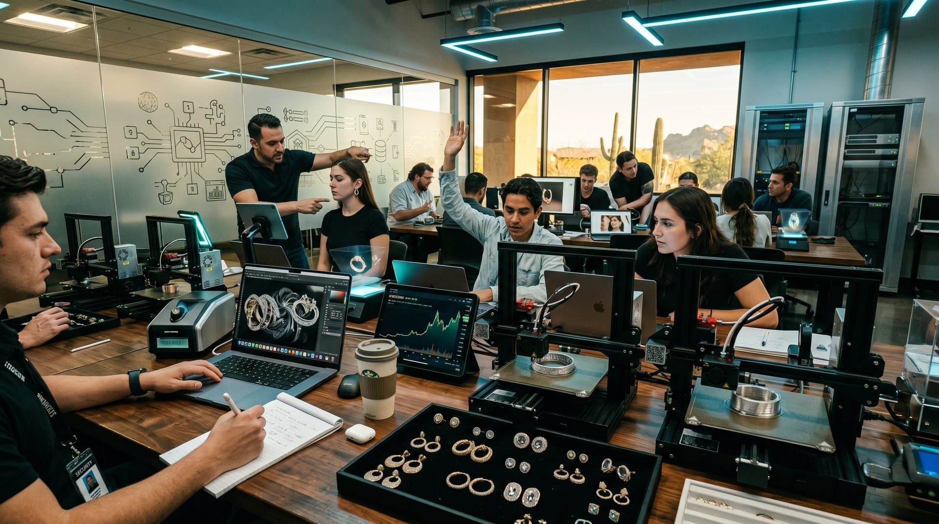 Mohave College classroom with designers using AI for earring prototypes, 3D printers, crypto charts, and gem displays in tech-savvy jewelry workshop