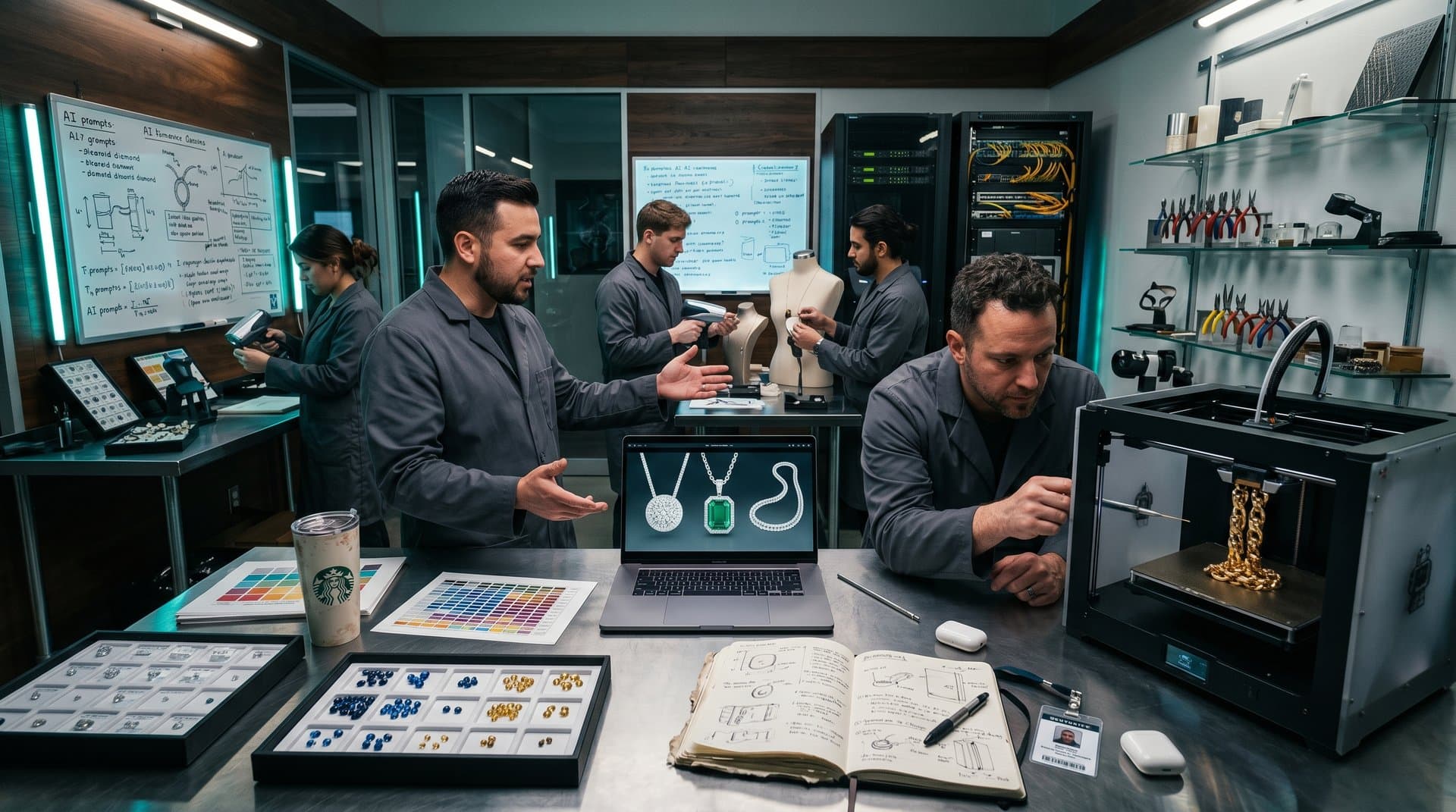 Hands-on Mohave College AI workshop with 3D necklace models, printers, and gem trays in innovative jewelry design space