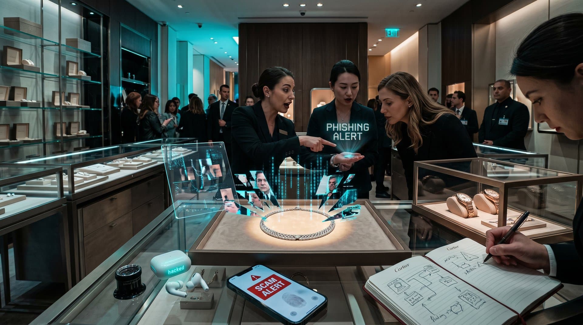 Luxury necklace with AI deepfake glitch effects symbolizing phishing scams in jewelry market