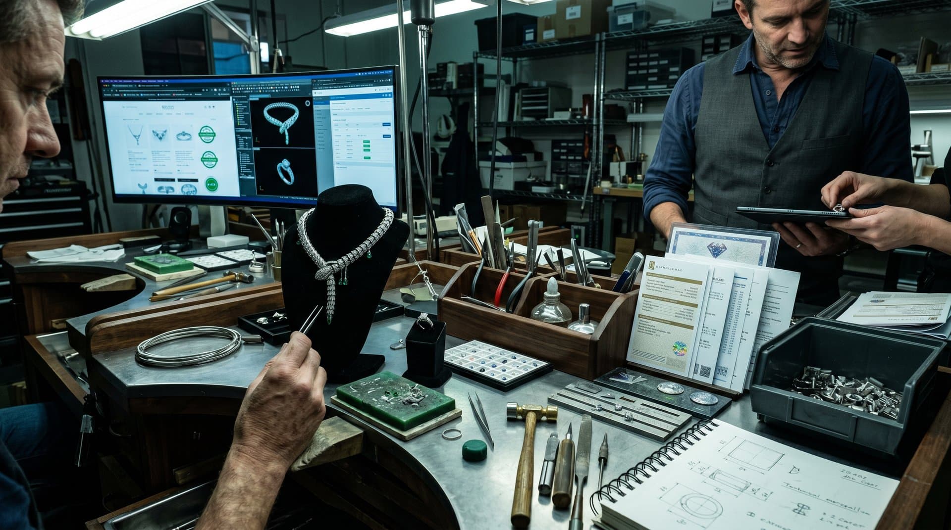 AI-generated render of Bulgari Serpenti necklace and solitaire ring on velvet with CAD screen and e-commerce interface