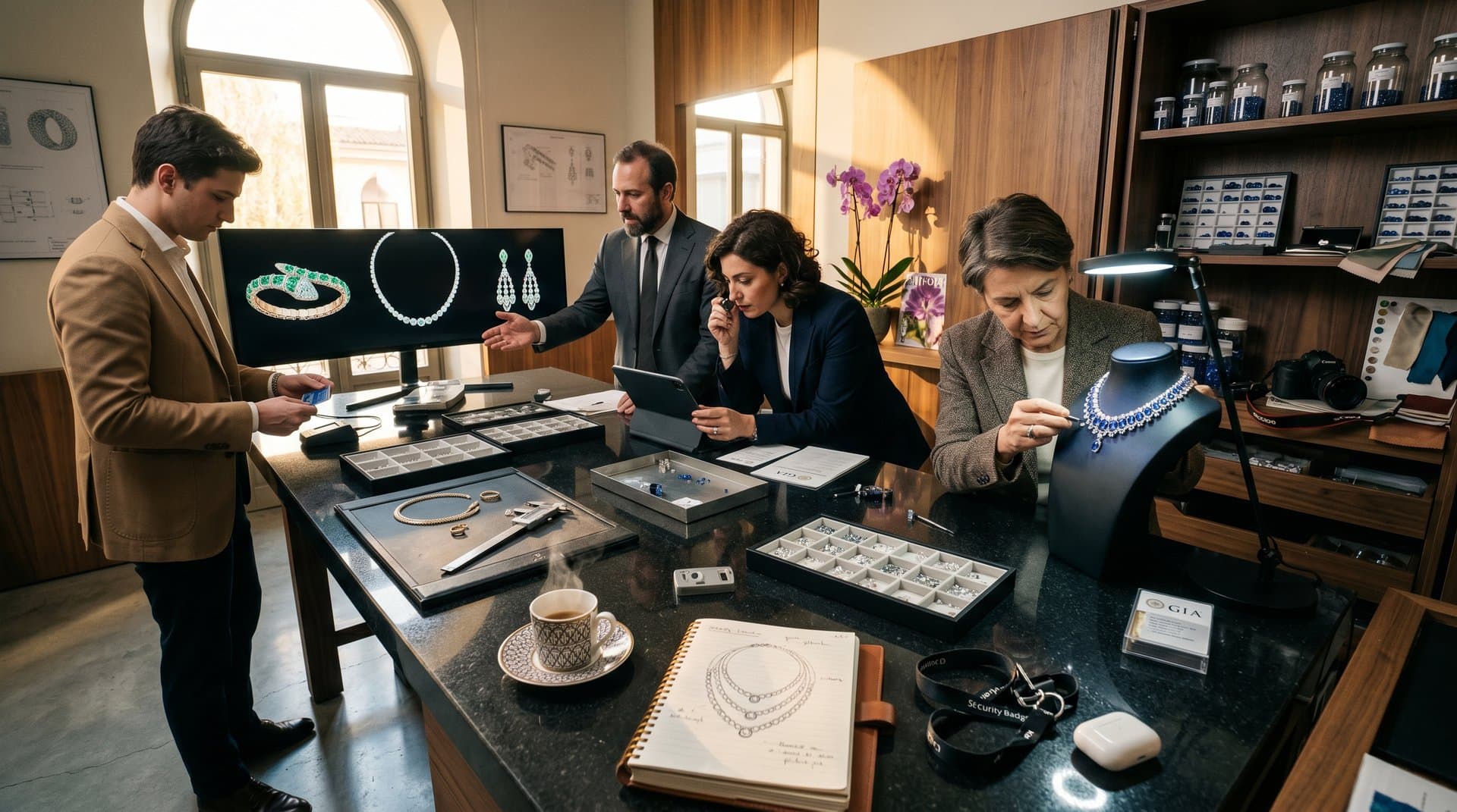 Designers analyze AI jewelry renders on OLED monitor amid prototypes, gem tools, and light-filled Bulgari atelier