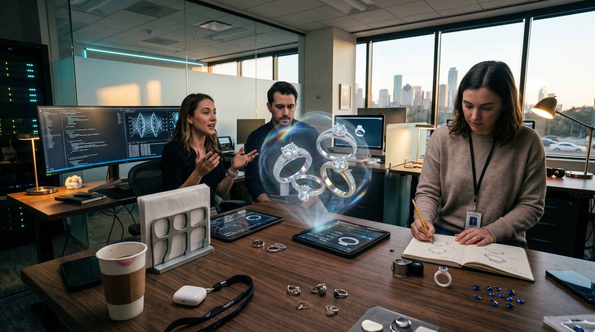 AI-generated 3D ring designs with gem simulations on monitors in modern jewelry tech studio