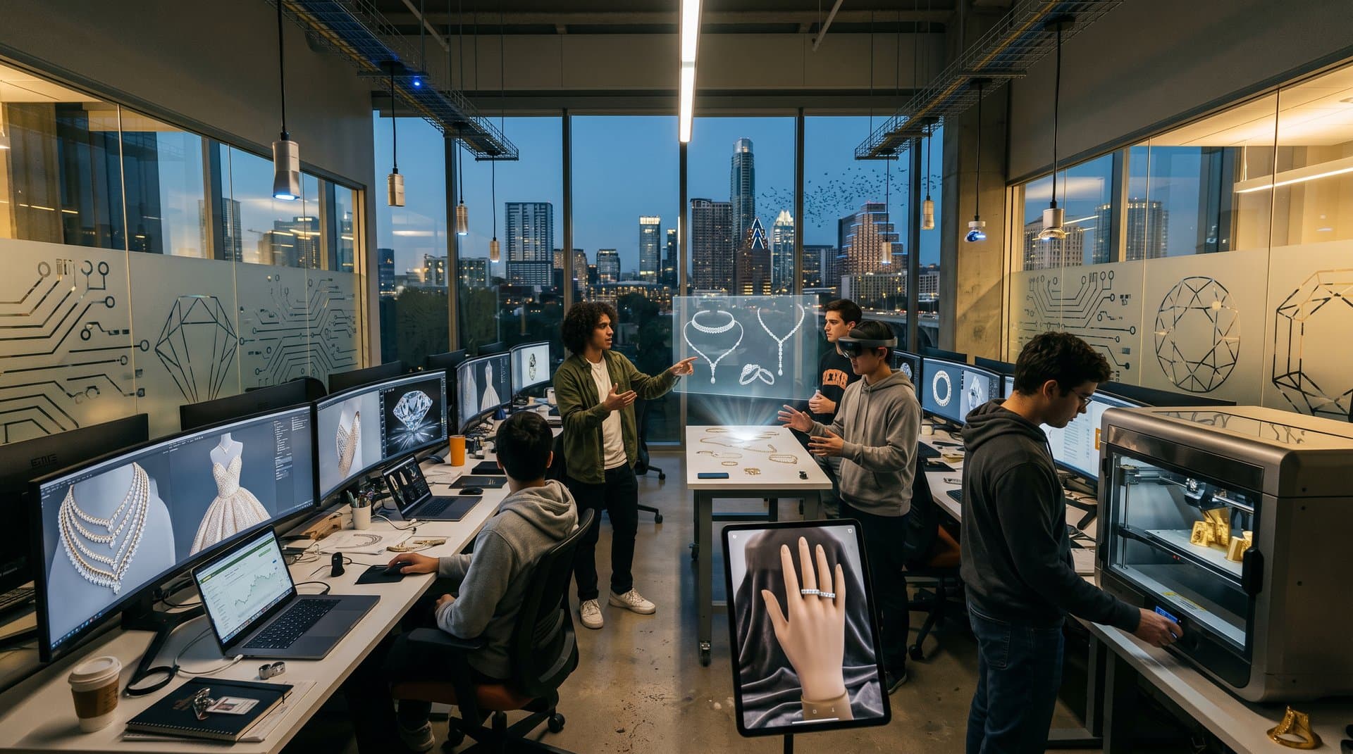 UT Austin CS lab screens show AI-designed diamond bridal jewelry amid high-tech collaborative space