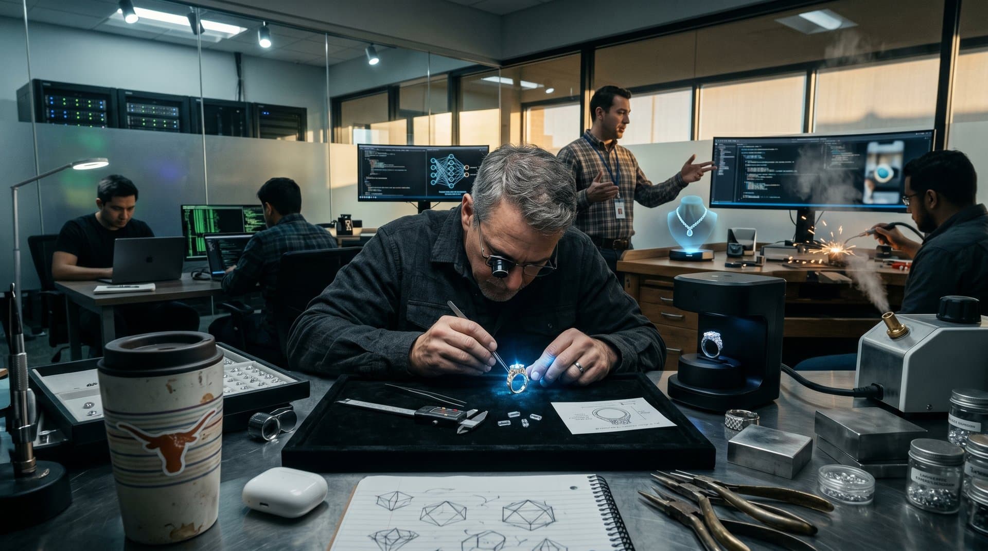 AI-enhanced 18k gold bridal jewelry prototypes on workbench amid tech tools and gem simulations in modern atelier