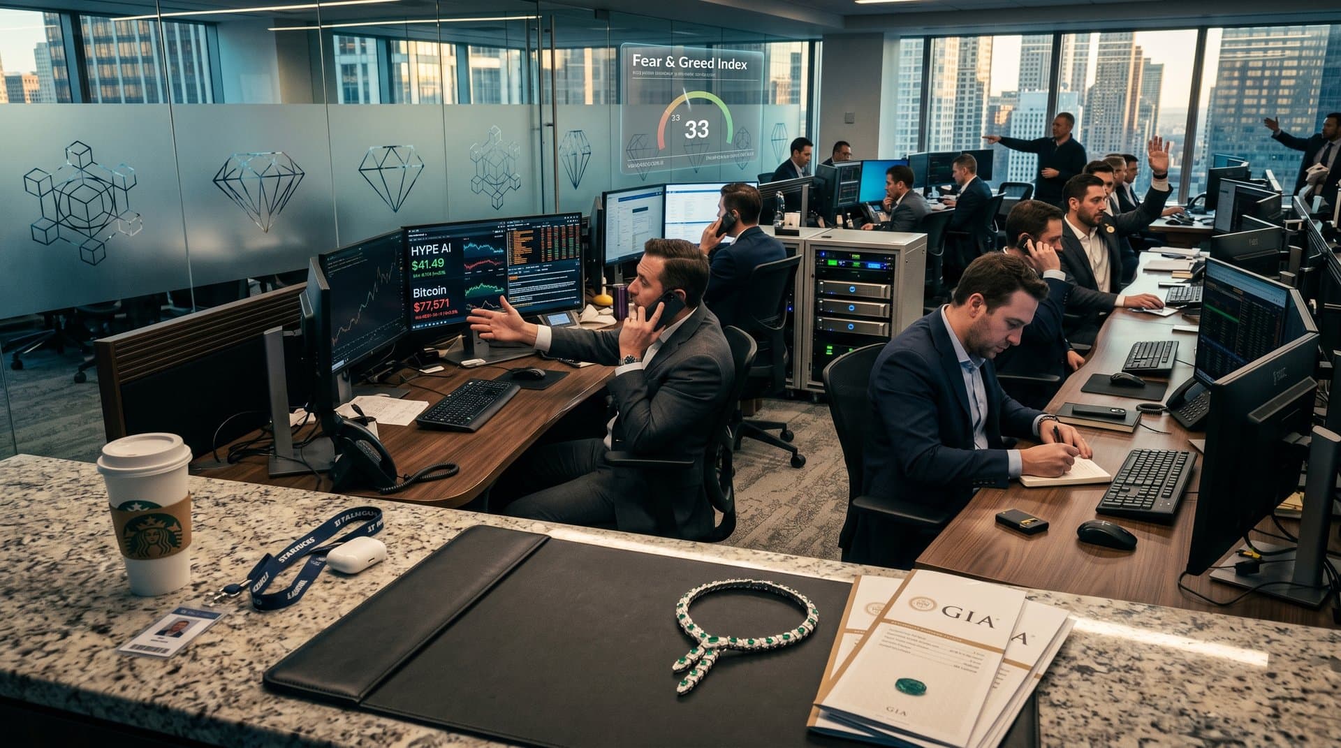 Trading desks display HYPE AI crypto charts at $41.49 with Bulgari Serpenti necklace, Fear & Greed Index at 33, and GIA blockchain jewelry reports