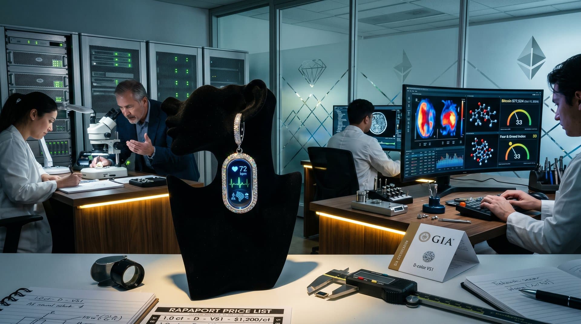 Prototype luxury smart earring with diamond pavé and sensors beside AI cardiac scan monitor in tech lab