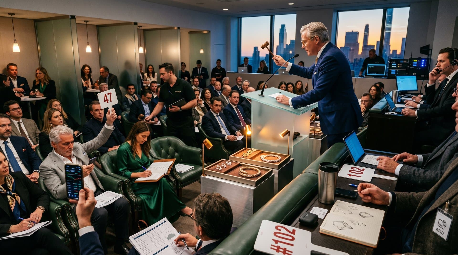 Luxury pavé diamond earrings and gold hoops in Sotheby's room with catalogs and crypto tickers