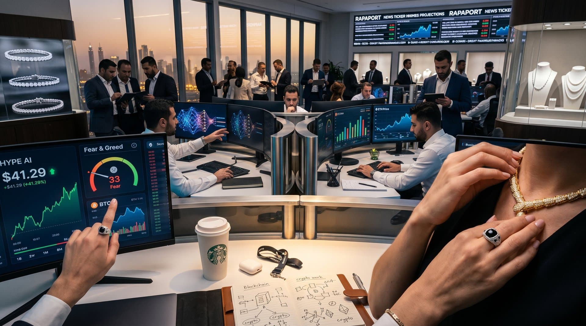 Trading screens display AI cryptocurrency HYPE charts next to Bulgari Serpenti and Cartier Panthère luxury jewelry