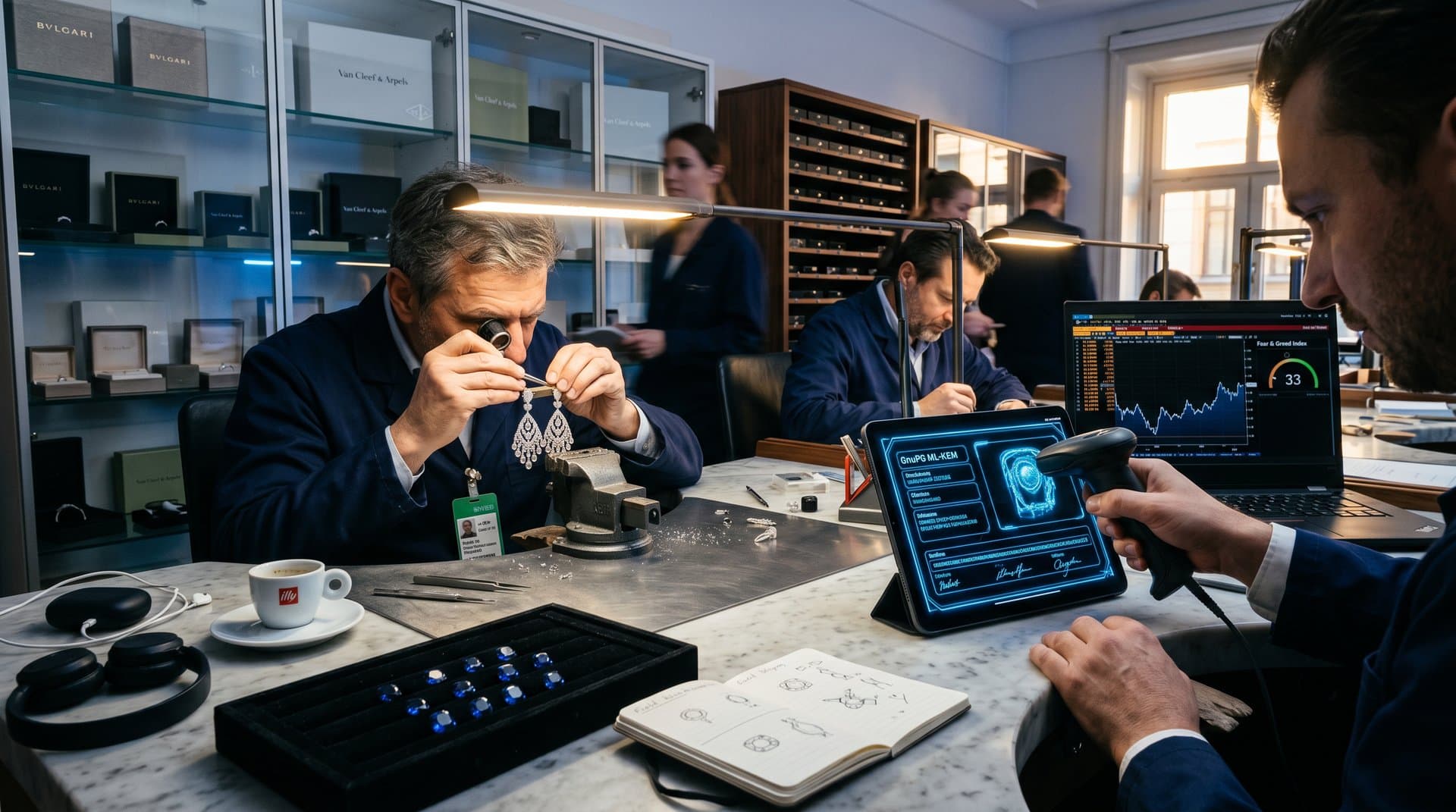 Luxury chandelier earrings with NFT certificate, GnuPG crypto terminal, and BTC chart in modern jewelry atelier