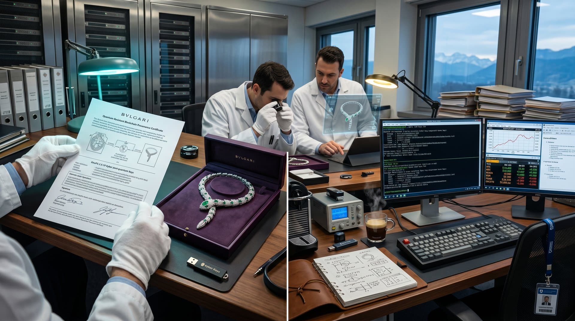 Jeweler verifies GnuPG-signed blockchain cert for necklace in Sotheby's lab amid crypto monitors and security vault details