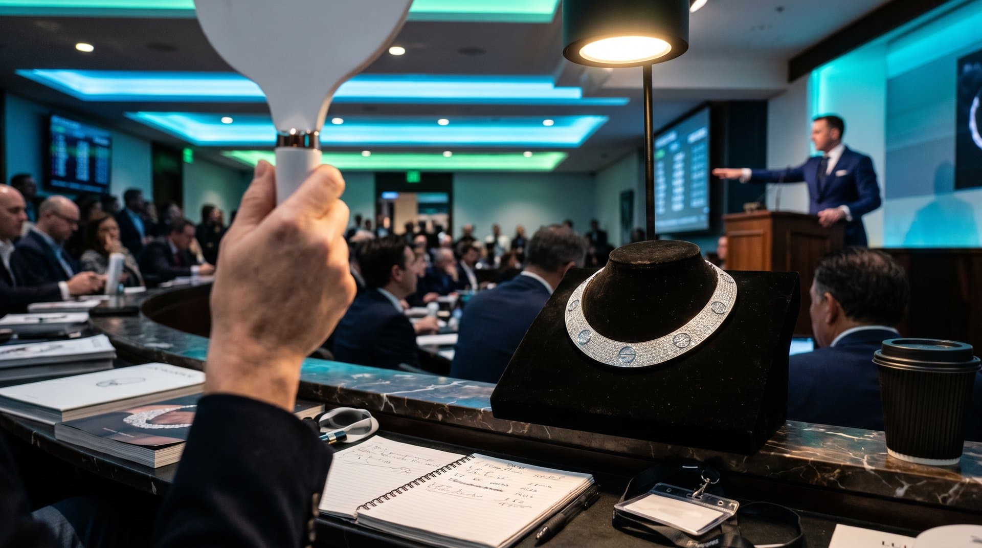 Spotlit luxury pavé diamond necklace at auction with BTC price and blockchain icons