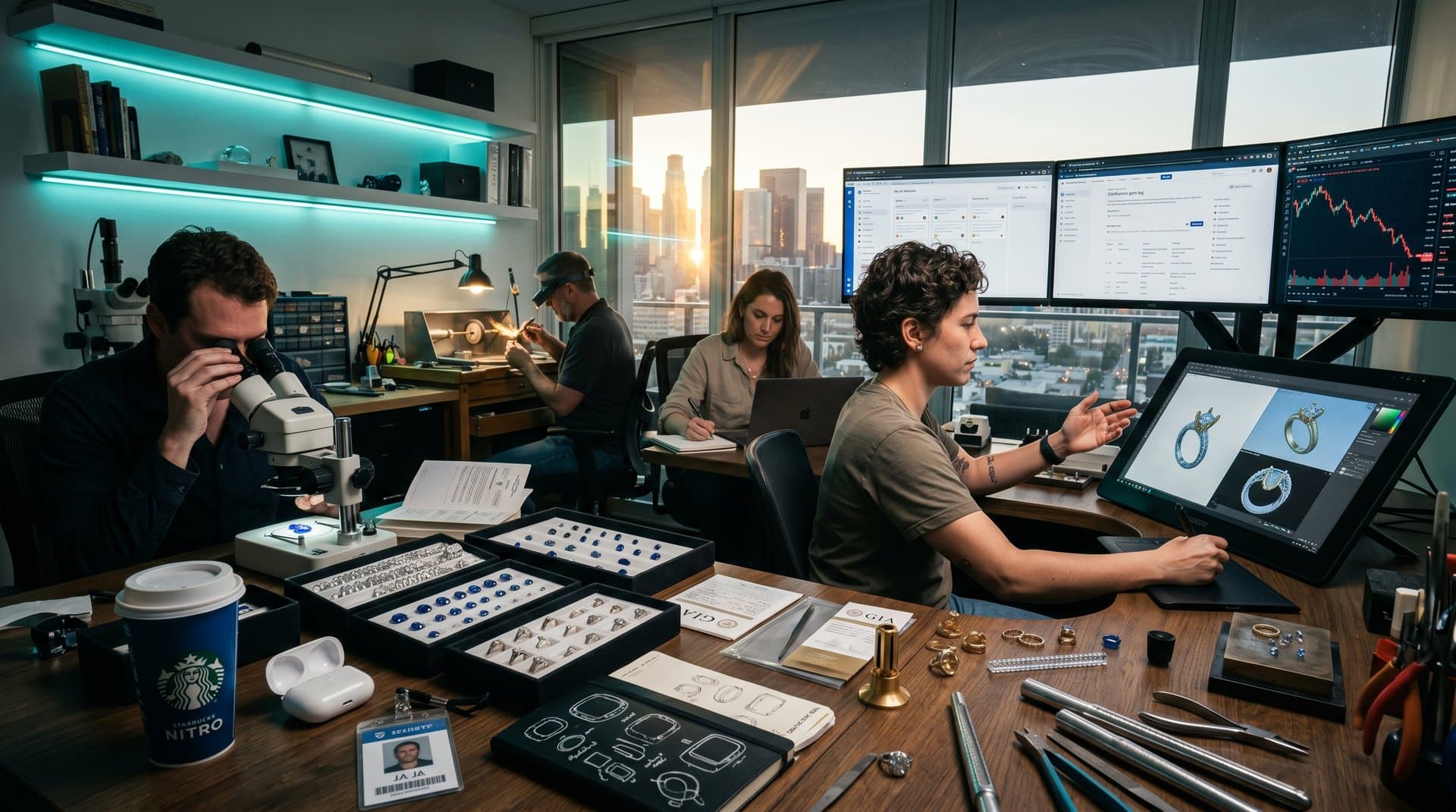 Jewelry designer workstation with Atlassian Jira screens, ring prototypes, GIA reports, and gemstones in luxury studio