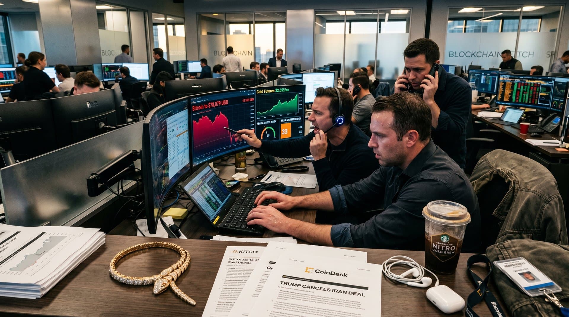 Trading screens show Bitcoin dip at $78K and gold rise, with 18-karat gold necklace amid market data