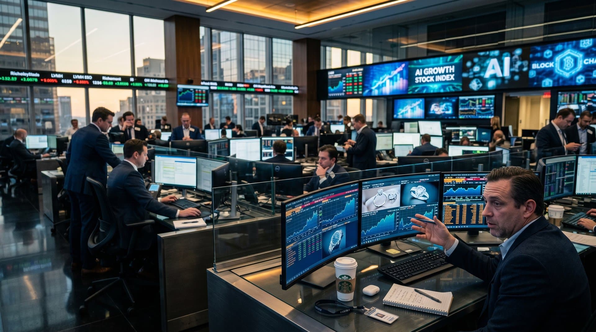 Trading desk analysts review AI stocks, crypto charts, and luxury jewelry tickers on multi-monitor setups