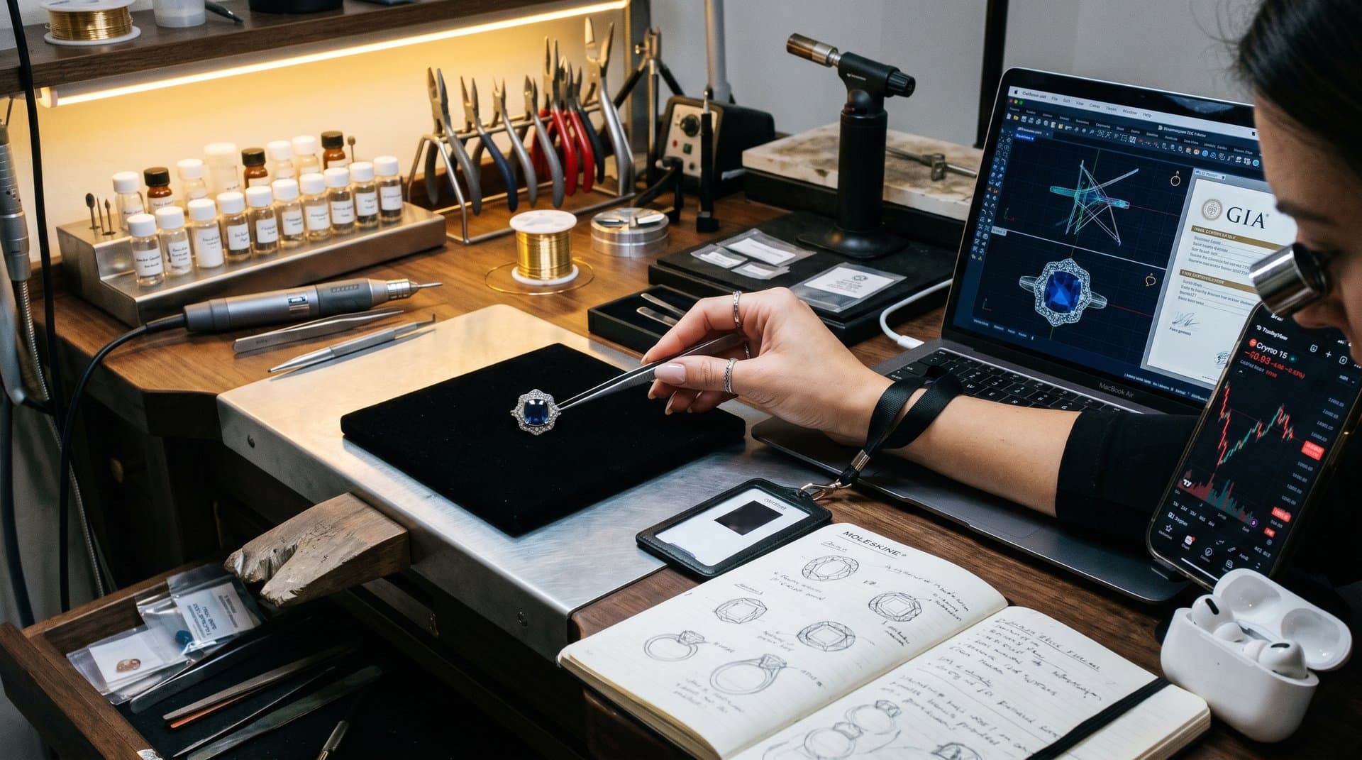 AI-generated bridal ring with Kashmir sapphire and diamond halo on workbench with gem reports and crypto charts