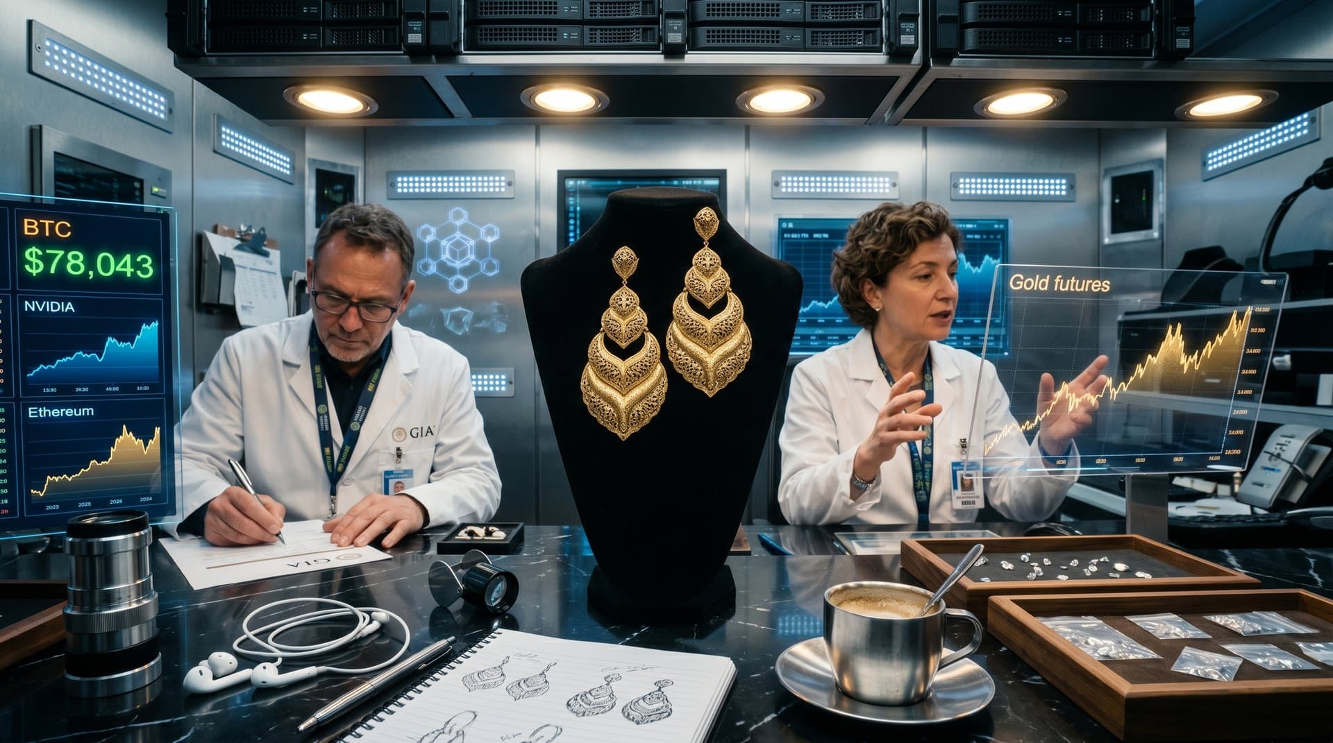 Chunky 18-karat gold chandelier earrings on velvet display with holographic gold charts and BTC ticker in tech atelier