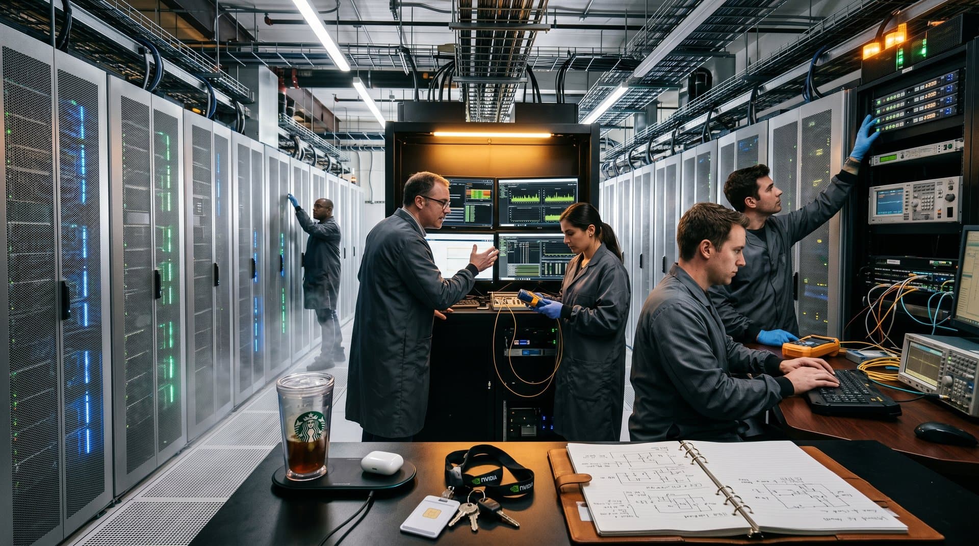 Server racks glow in AI data center as engineer works amid cooling systems and power displays
