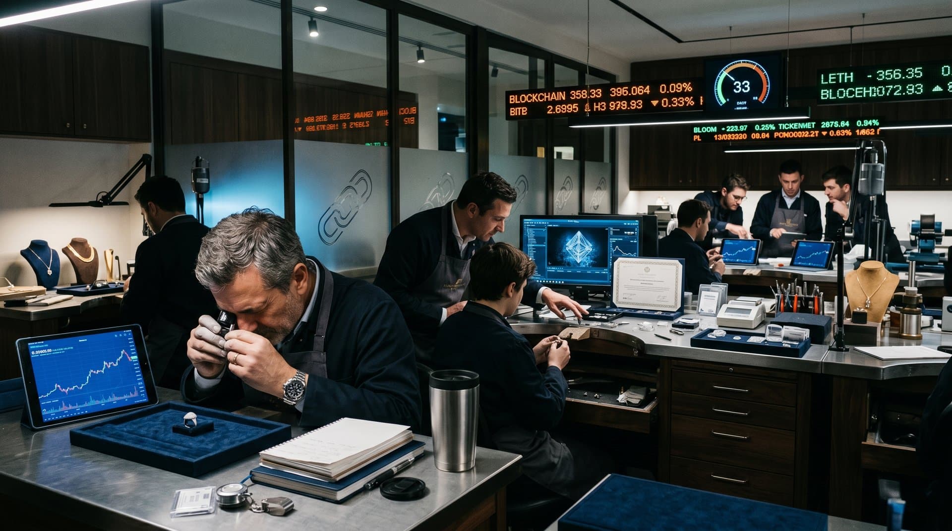 Luxury bridal jewelry sets integrated with cryptocurrency holograms, Bitcoin charts, and blockchain elements in elegant atelier