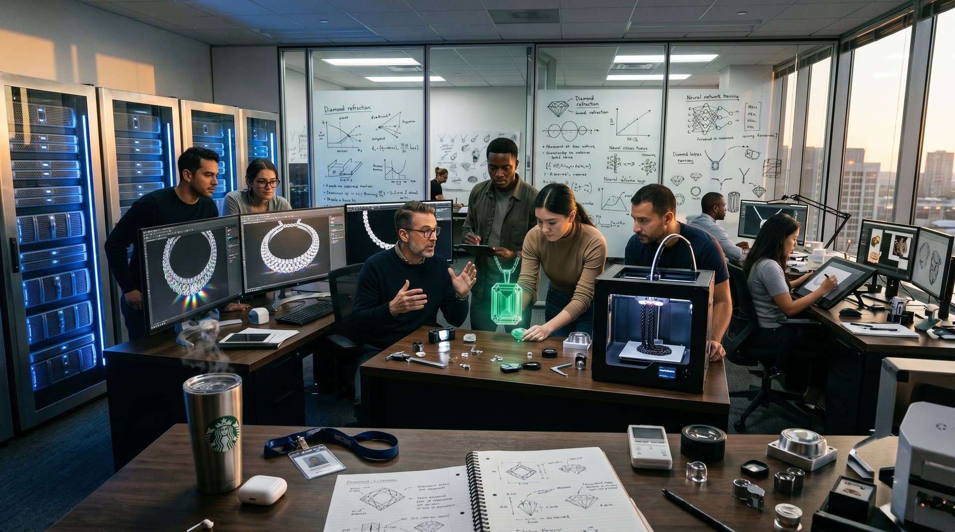 AI lab screens render sparkling diamond necklace designs with holographic projections and tech visuals