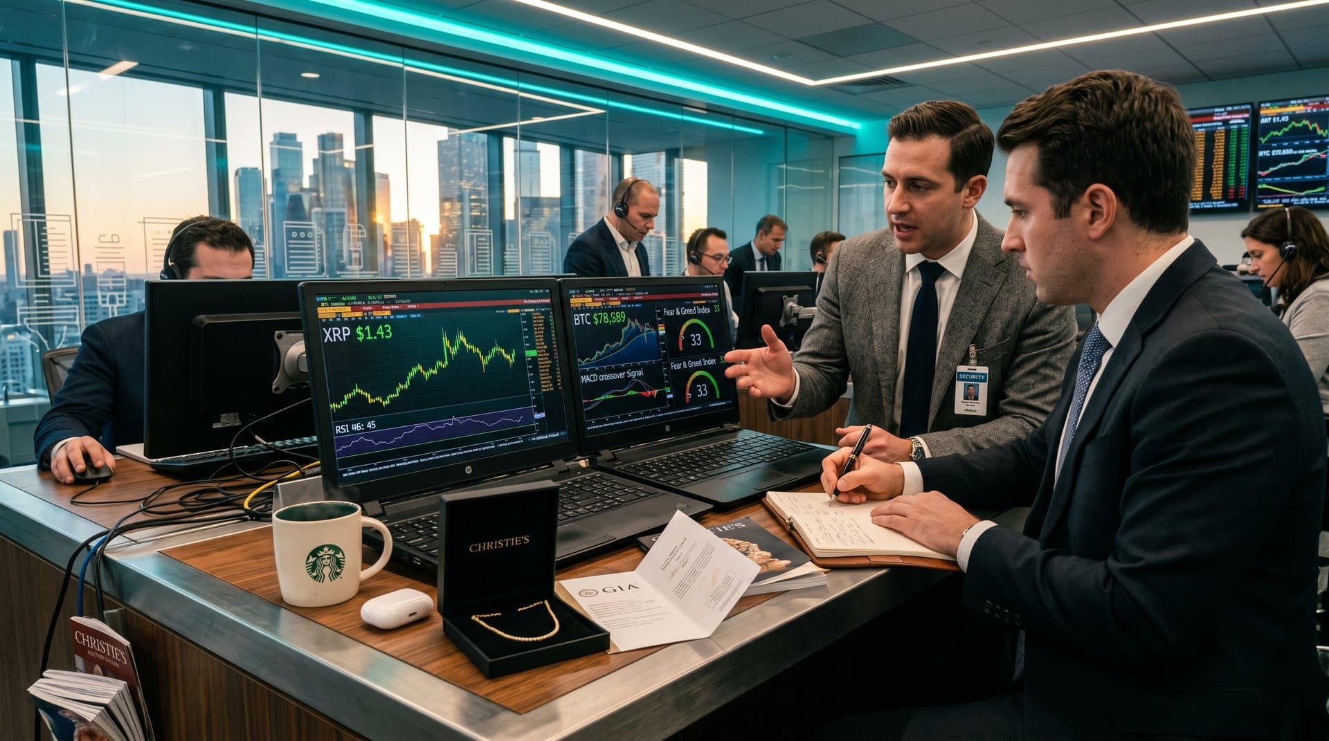 Trading desk with Bloomberg screens displaying XRP $1.43, Fear 33, and BTC charts beside open velvet box of luxury 18k gold pavé diamond necklace