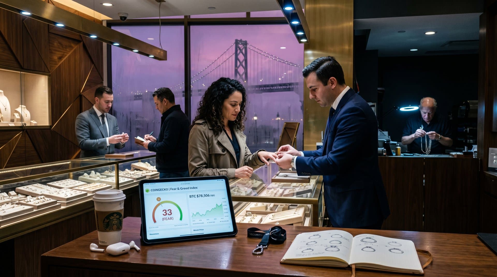Empty Union Square luxury jewelry store with pavé diamond rings, SF skyline, and crypto Fear & Greed Index at 33