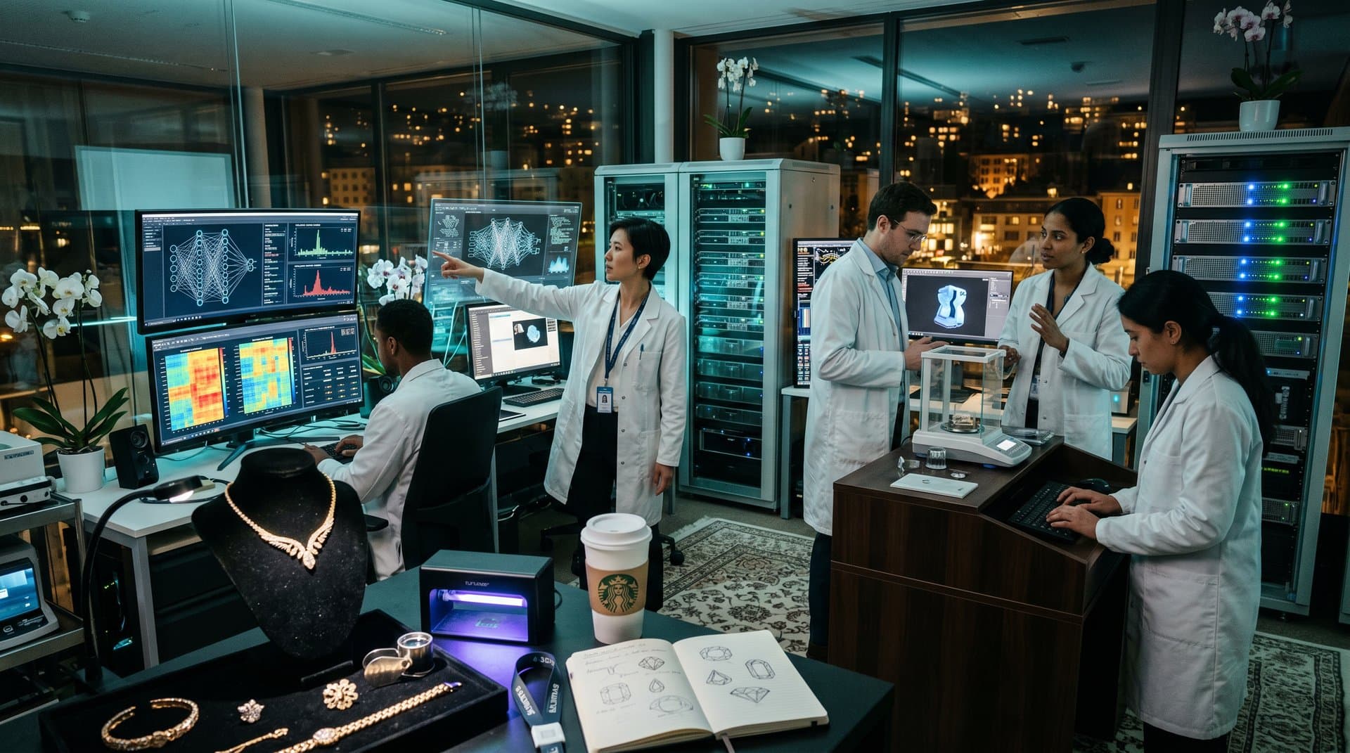 AI lab analyzes Cartier and Bulgari jewelry scans on high-tech monitors in sleek workspace