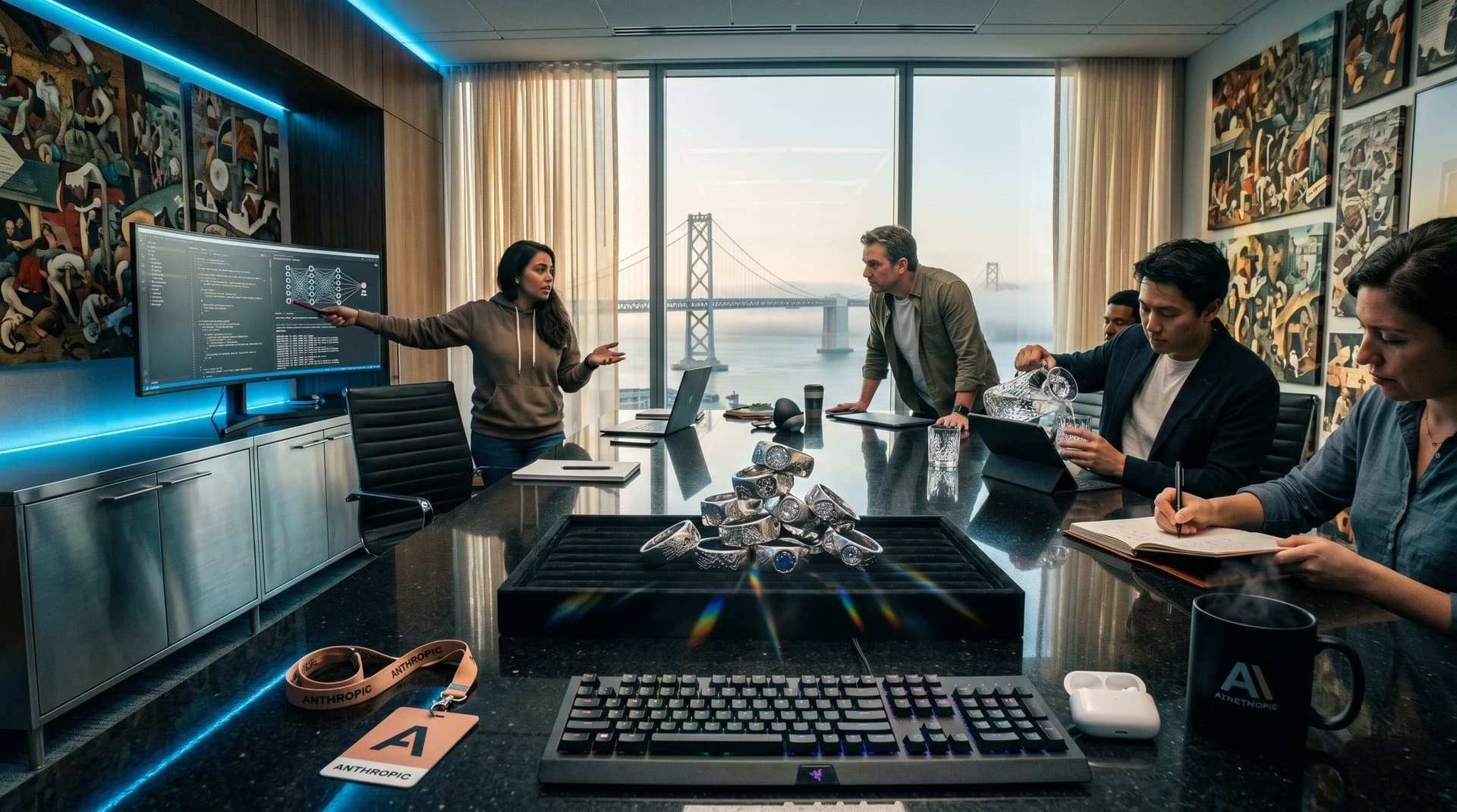 Tech executive inspects bespoke ring set on table in sleek Salesforce Tower conference room with Bay view and AI screens