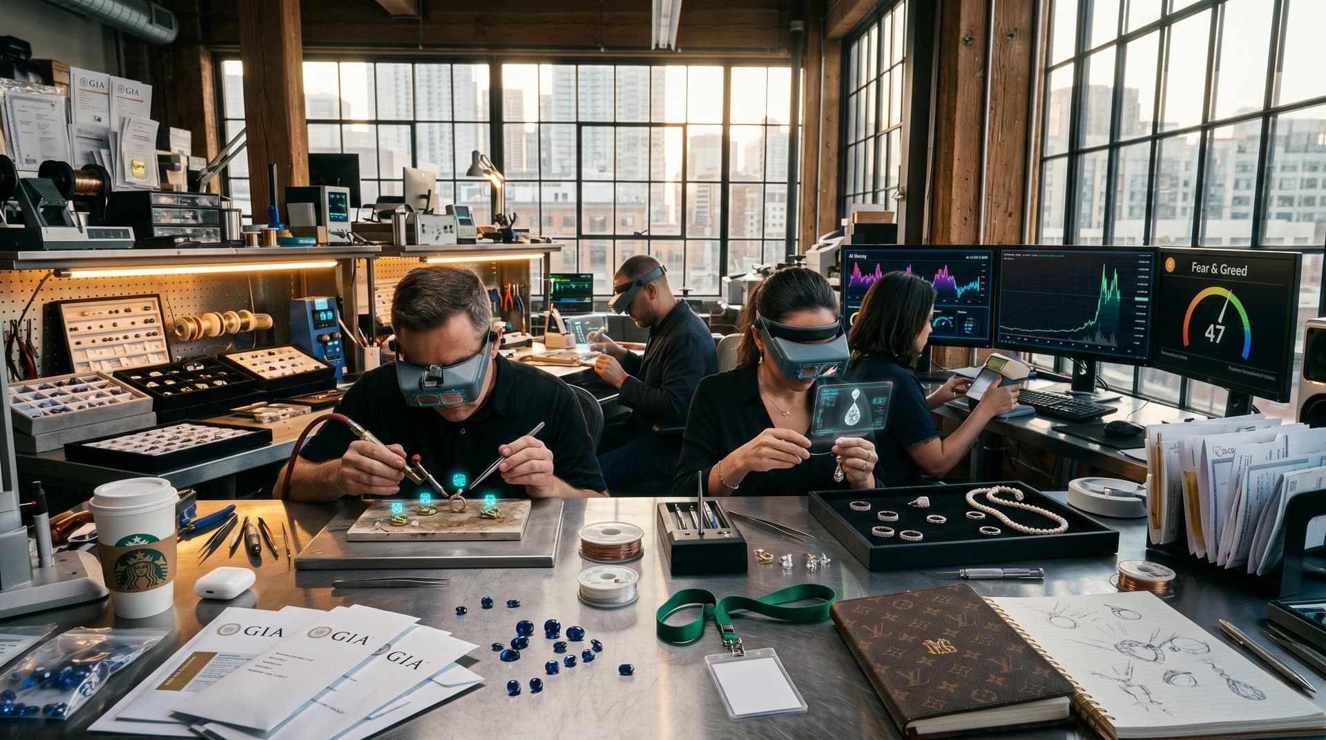 AI-enhanced bridal jewelry prototypes with memory chips and glowing displays amid neural graphs and gem samples in modern atelier
