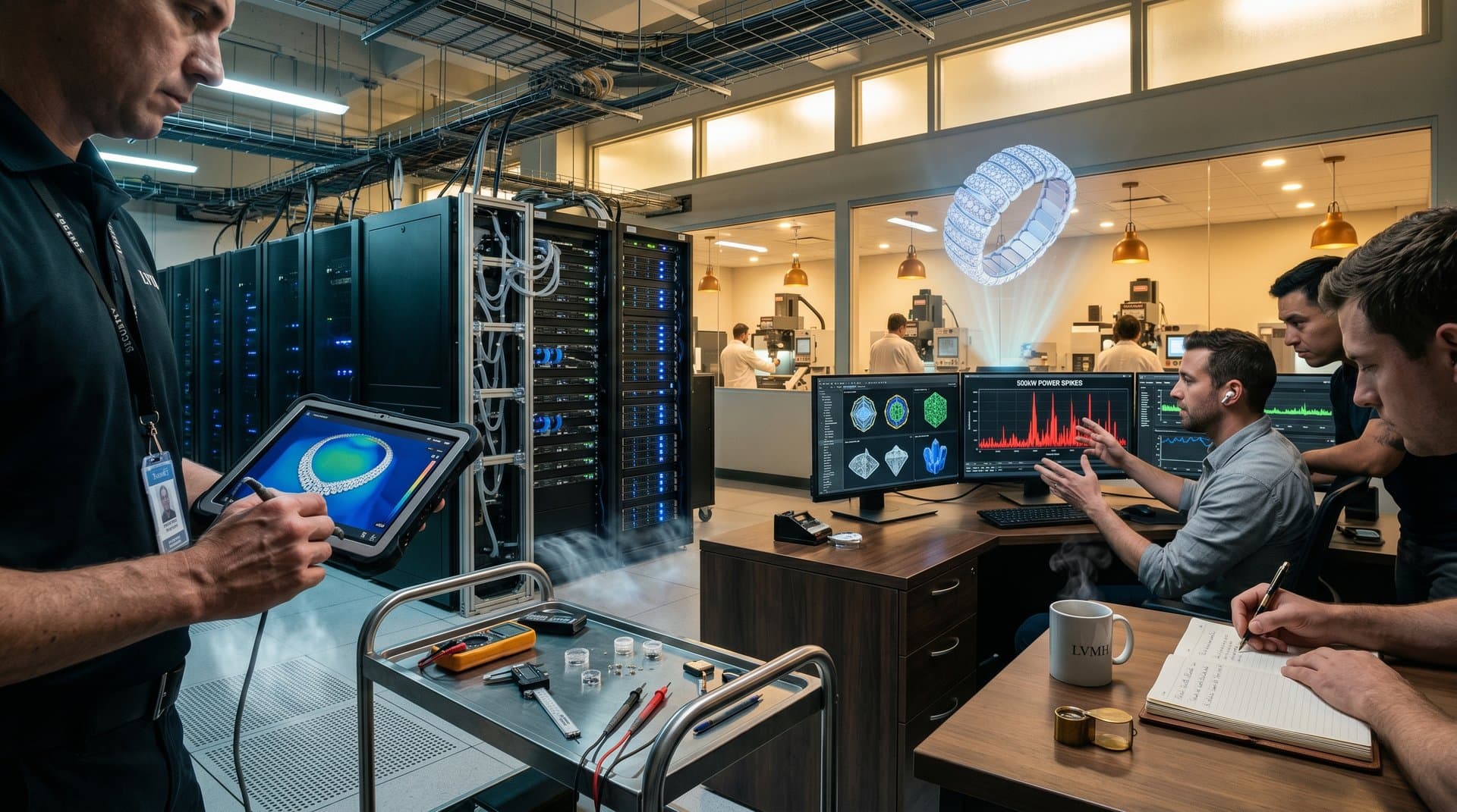 Server racks with liquid cooling in jewelry AI data center, monitors show diamond designs and thermal maps