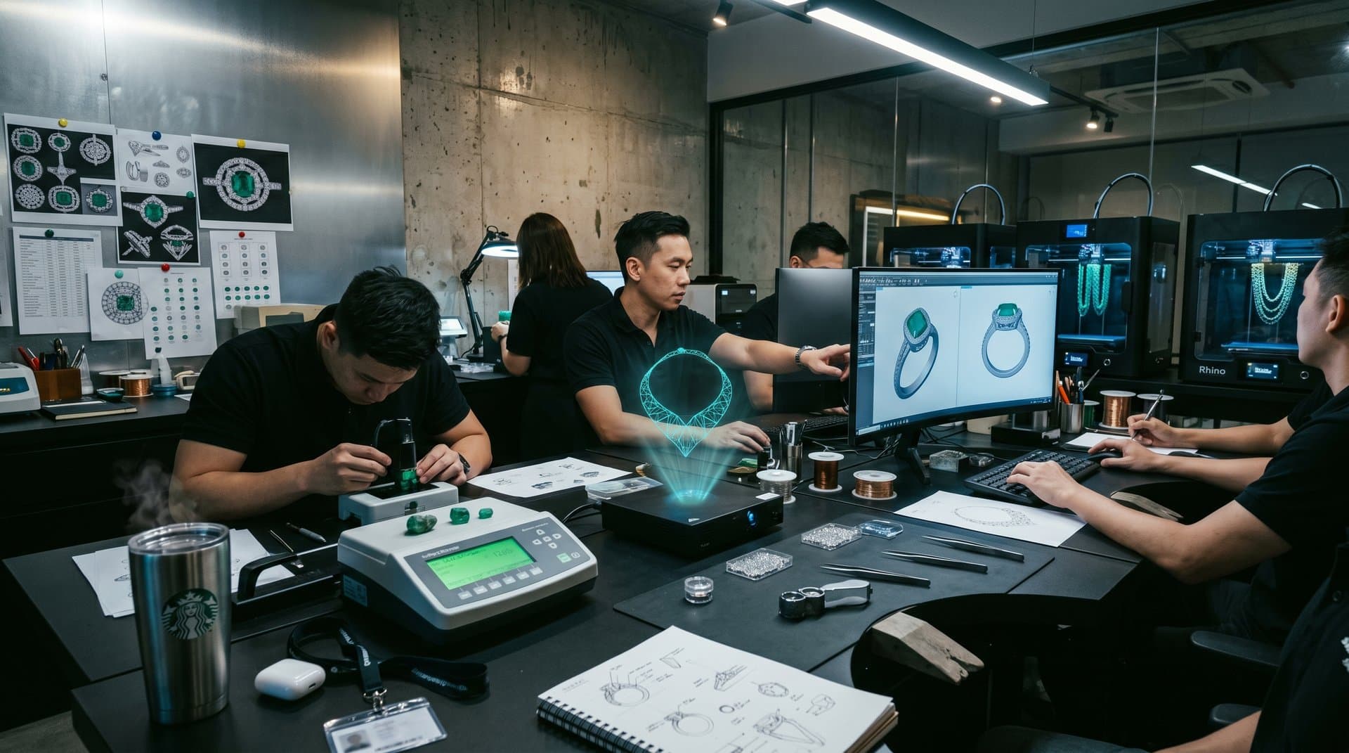 AI-powered jewelry studio screens show 3D bridal designs amid CAD tools and gem samples