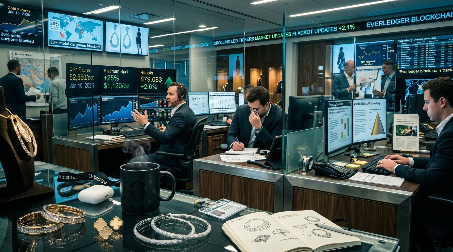 Trading screens display gold charts and AI data with luxury earring prototypes amid supply chain shifts