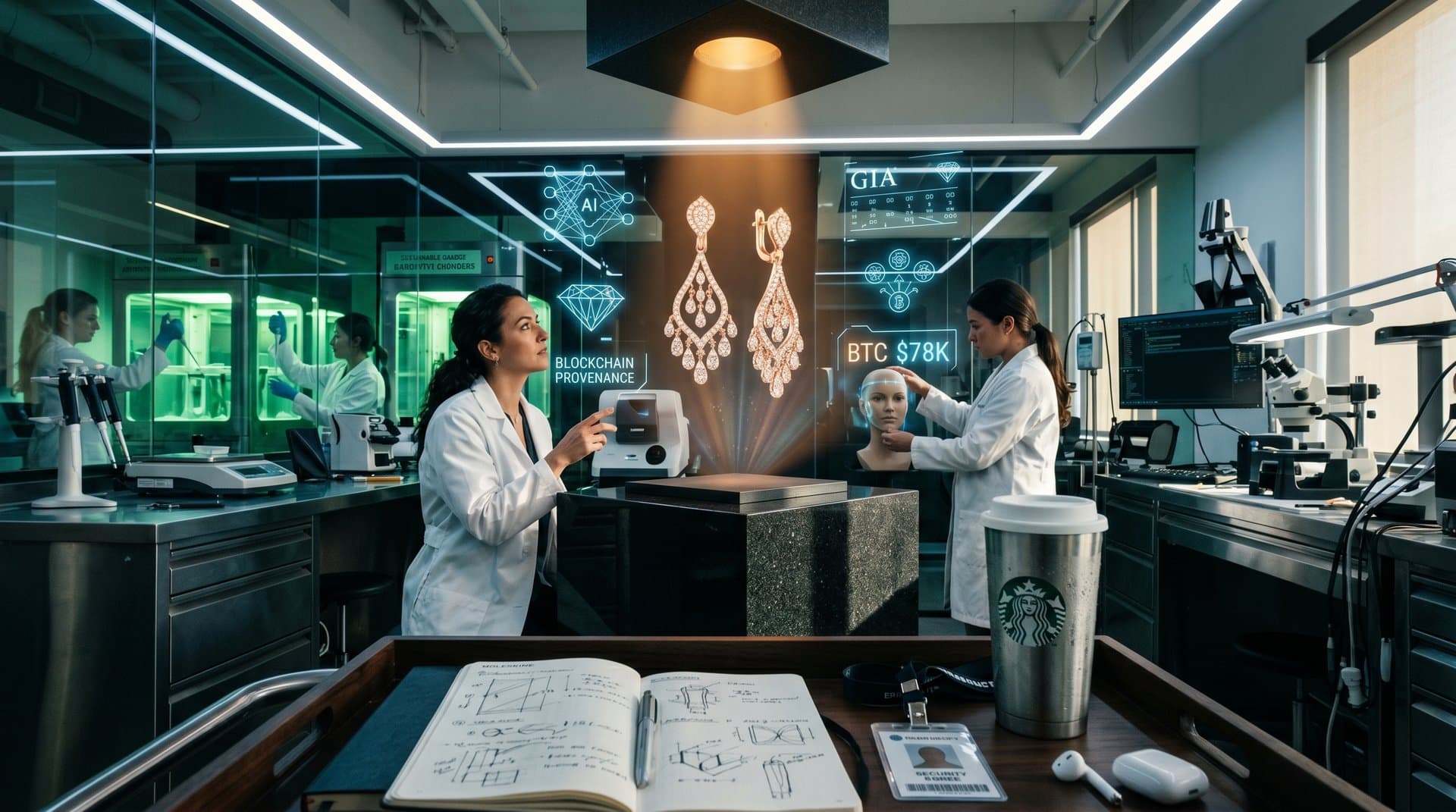 Holographic 3D model of AI-personalized pavé diamond earrings with GIA specs and blockchain overlays in modern jewelry lab