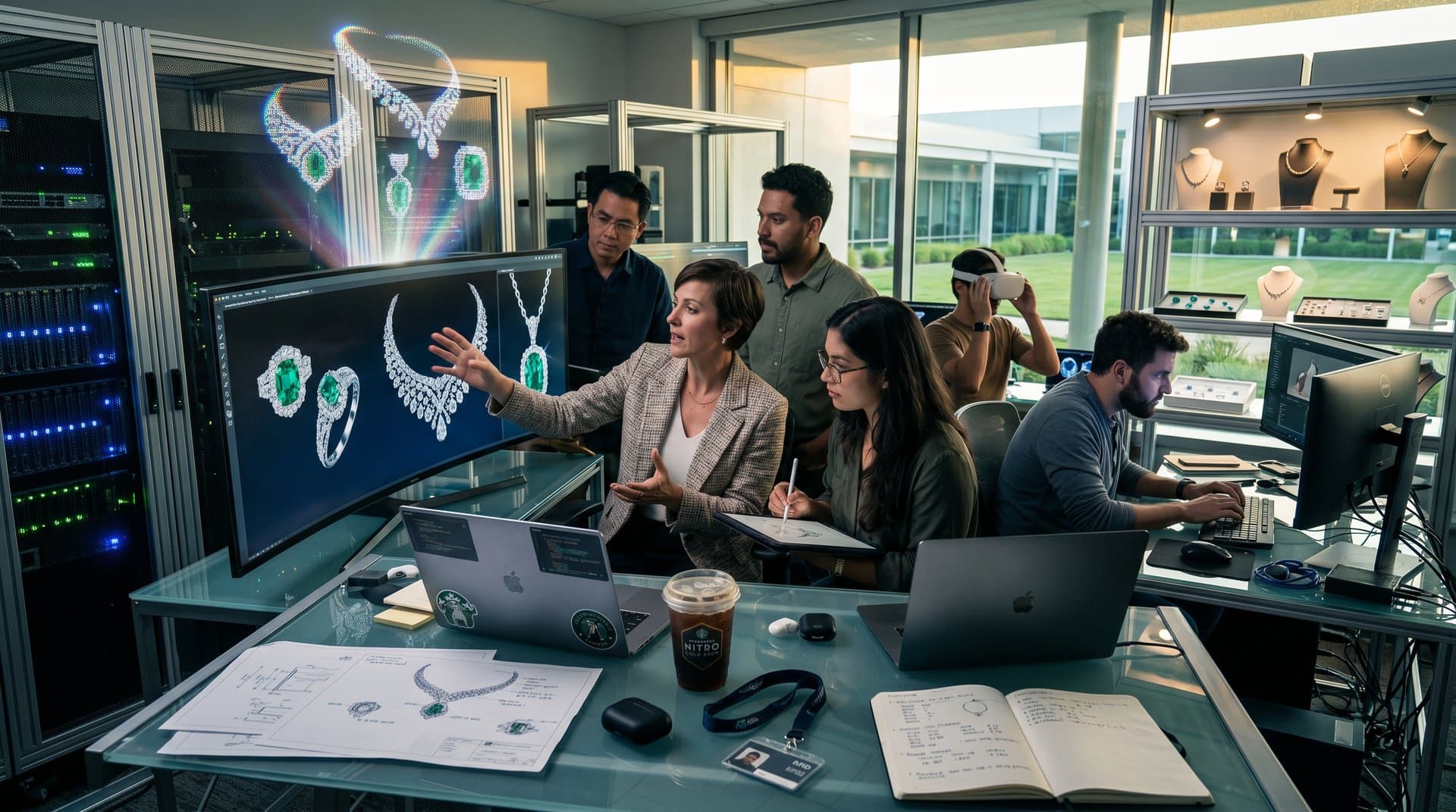 Jewelry designers and AI engineers collaborate in modern lab viewing generative designs of diamond necklaces and rings on curved monitors with VR gear