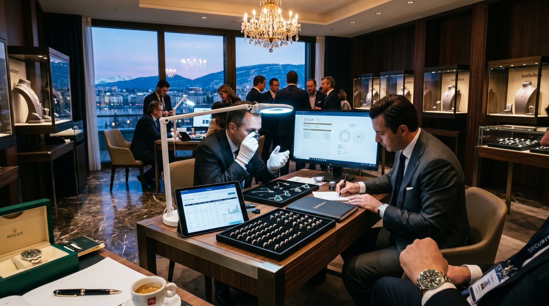 Gemologist appraises diamond rings amid auction room monitors and displays