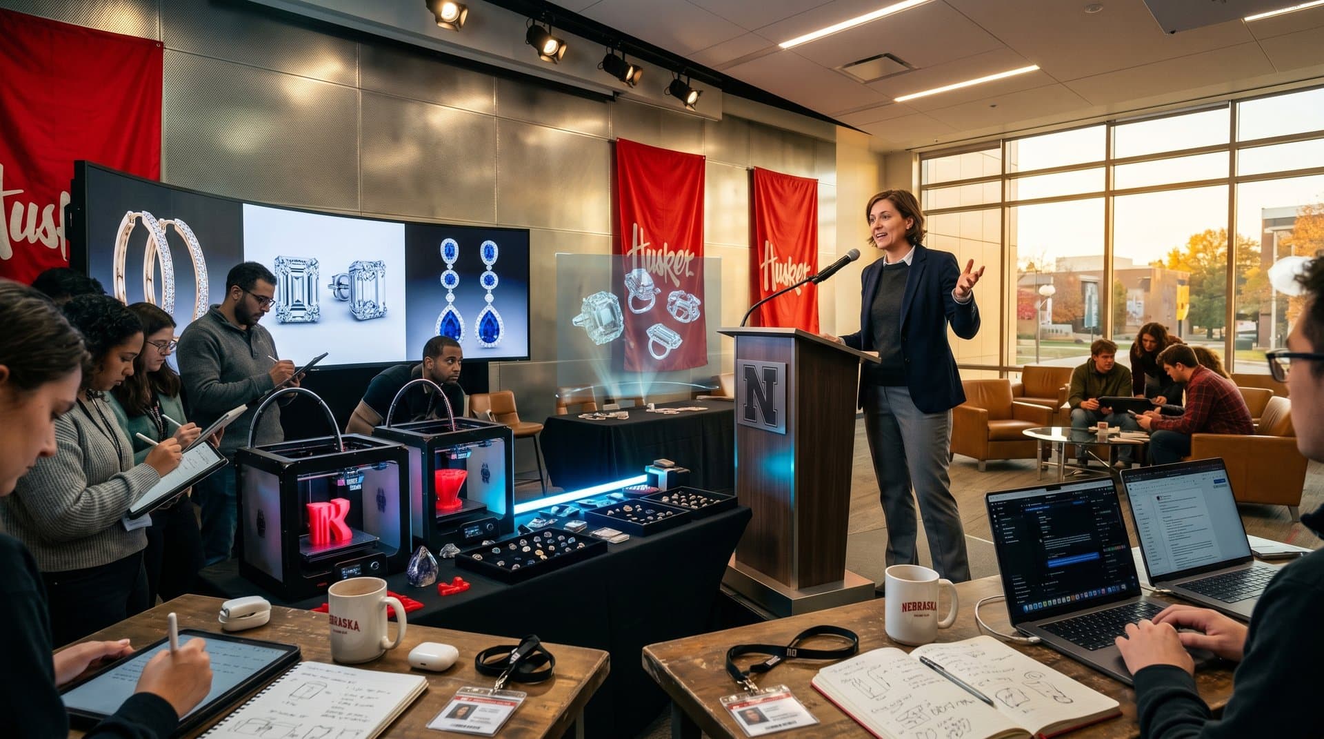 Husker AI Days at UNL: Researchers and designers review AI-generated 3D luxury earring designs on screens amid event banners and 3D printers