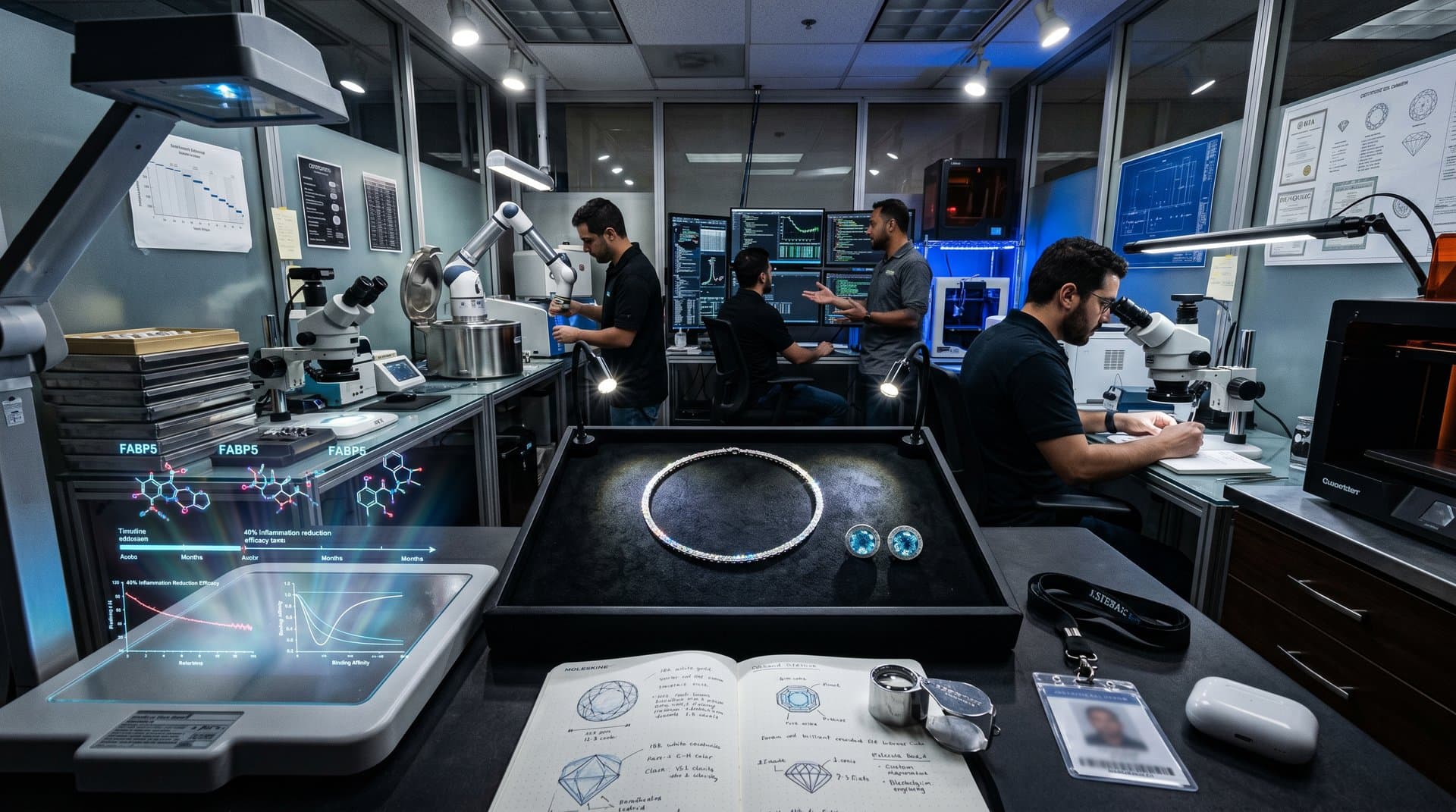 Luxury 18K gold and platinum jewelry with AI inhibitor tech on velvet beside molecular holograms in jewelry lab