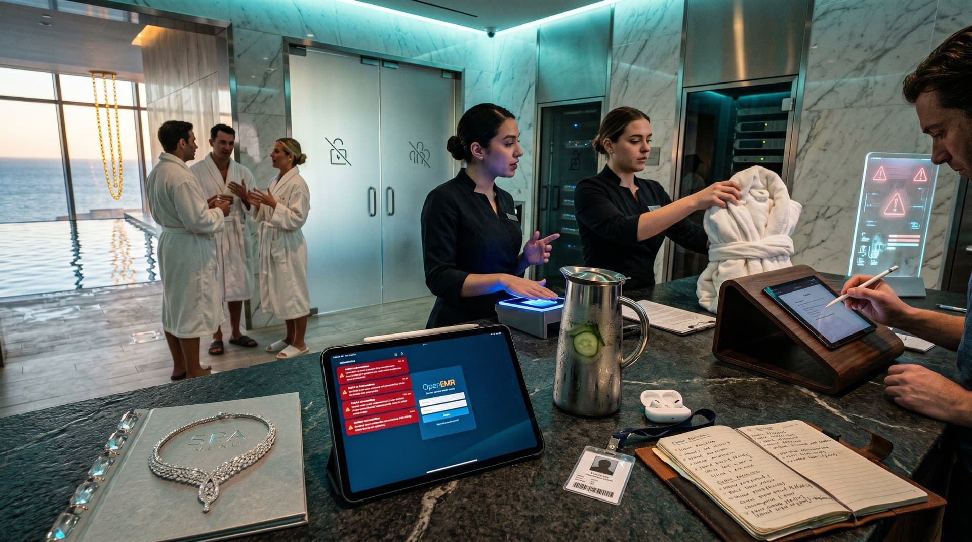 Luxury spa reception with diamond necklace beside tablet displaying OpenEMR CVE alerts amid zen garden and privacy tech (98 chars)