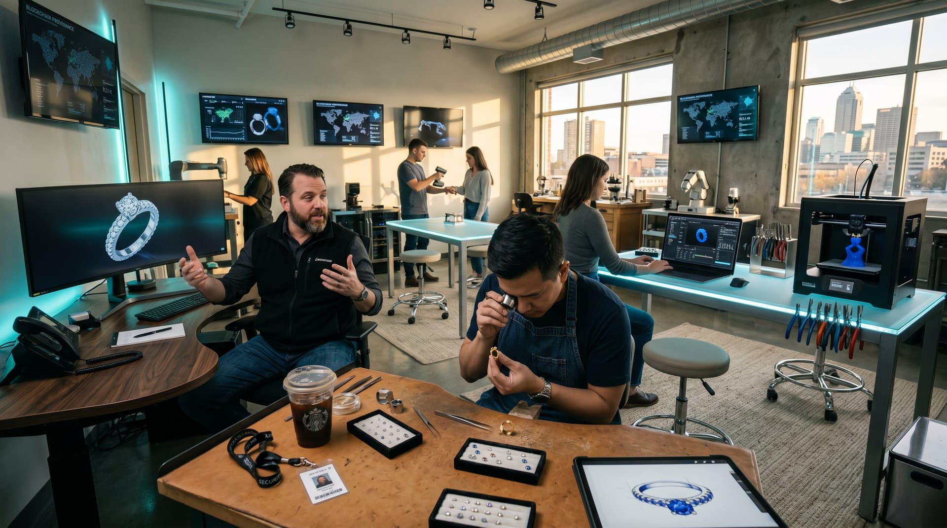 Indiana atelier with AI monitors showing bespoke ring designs, gem trays, 3D printers, and blockchain screens in modern tech-jewelry fusion