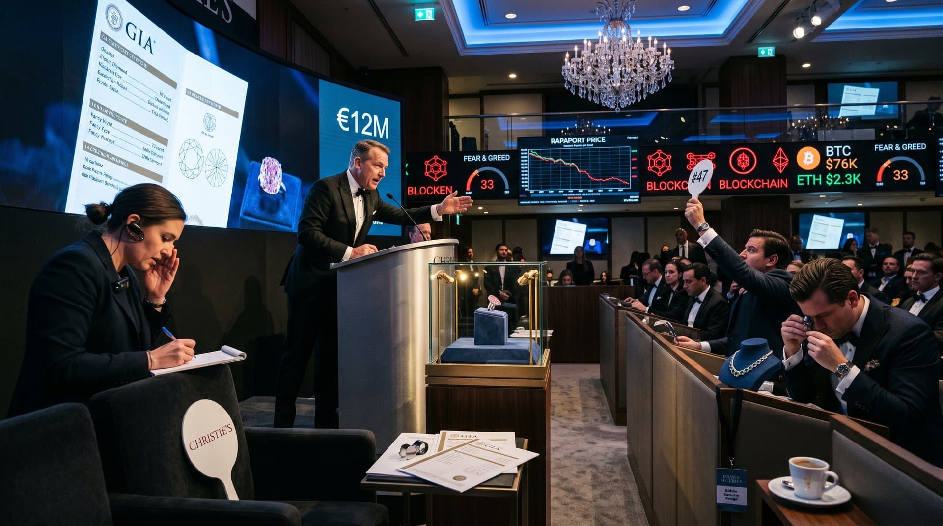 Auction room with spotlighted pink diamond ring, bidders, and live screens at Christie's jewelry sale amid crypto scam warnings