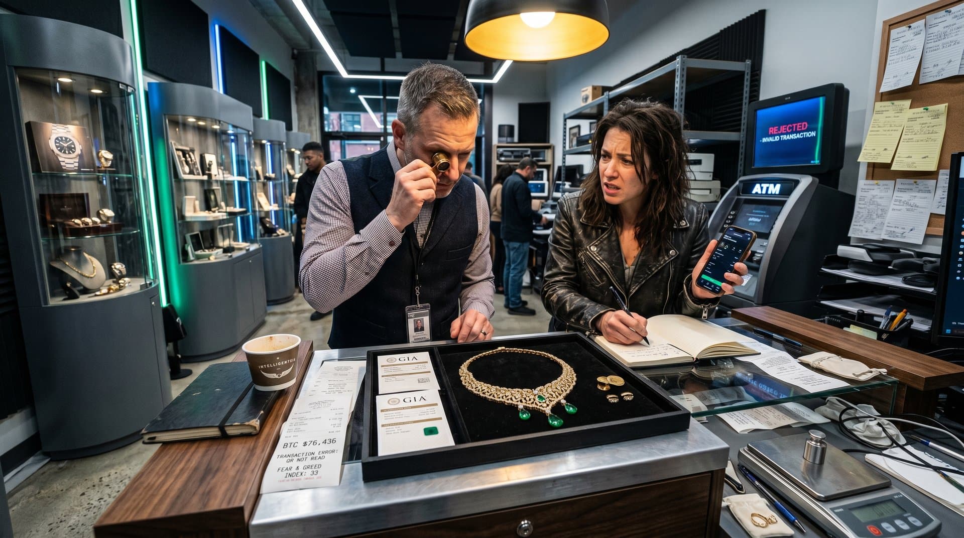 Heirloom diamond pavé necklace on pawn tray beside crypto ATM receipt and BTC chart at $76k in dimly lit shop