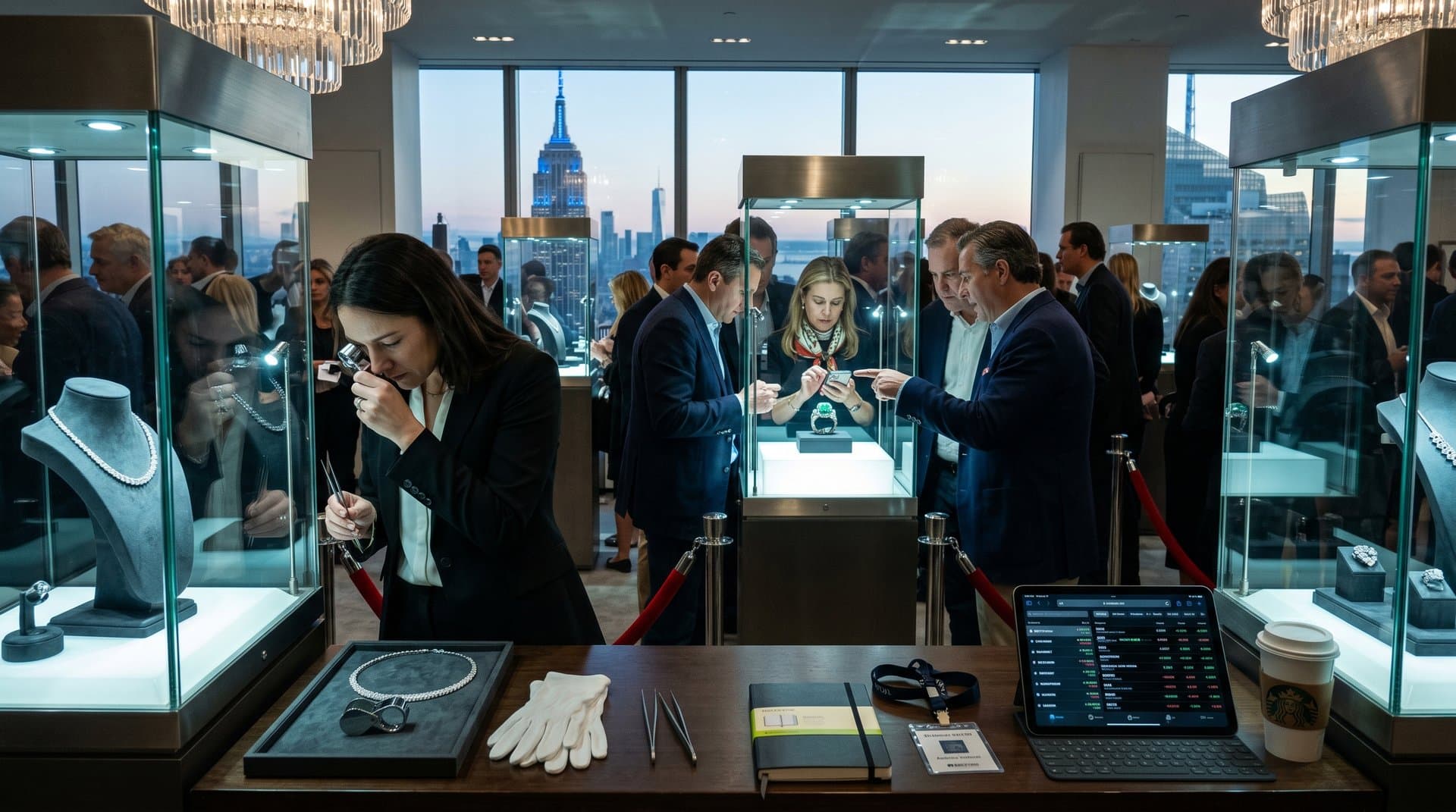 Gemologist inspects diamond necklace in Christie's auction room amid collectors and provenance screens