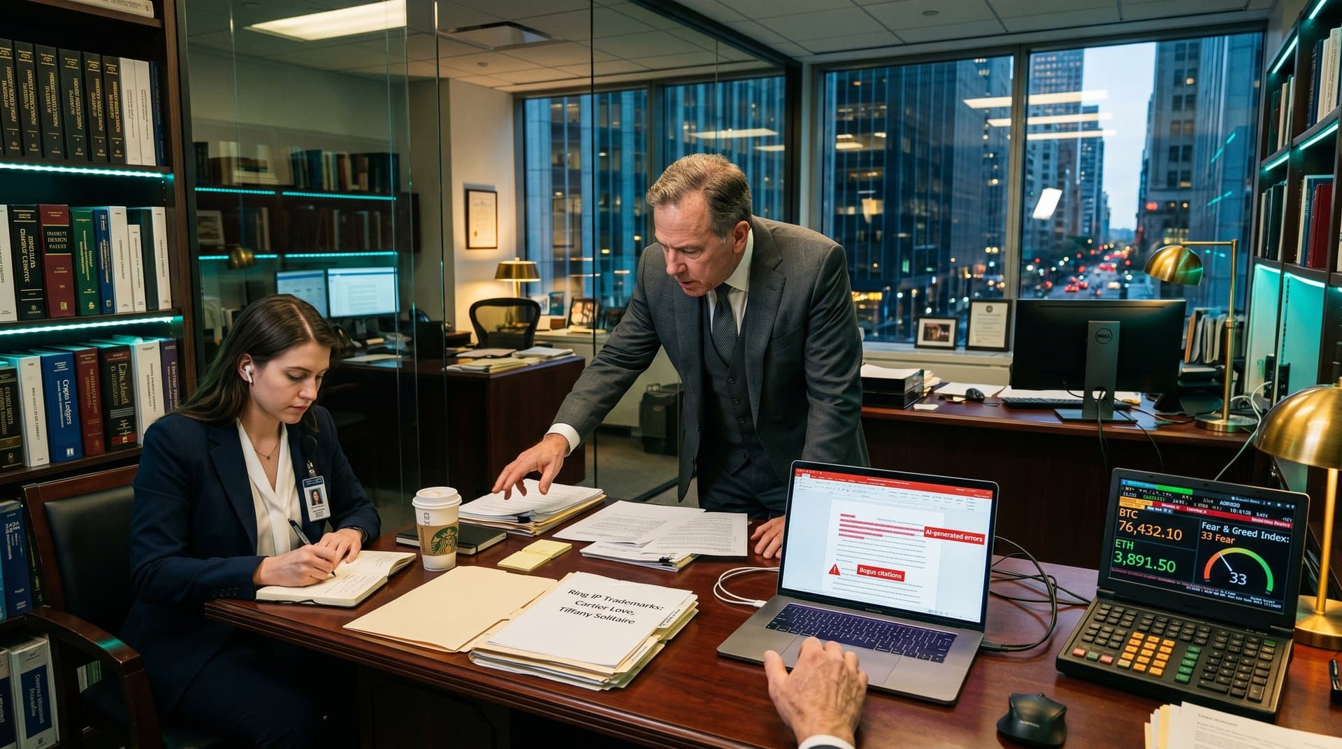 Law office desk with AI error screens, luxury ring IP files, and crypto price charts on financial terminal.