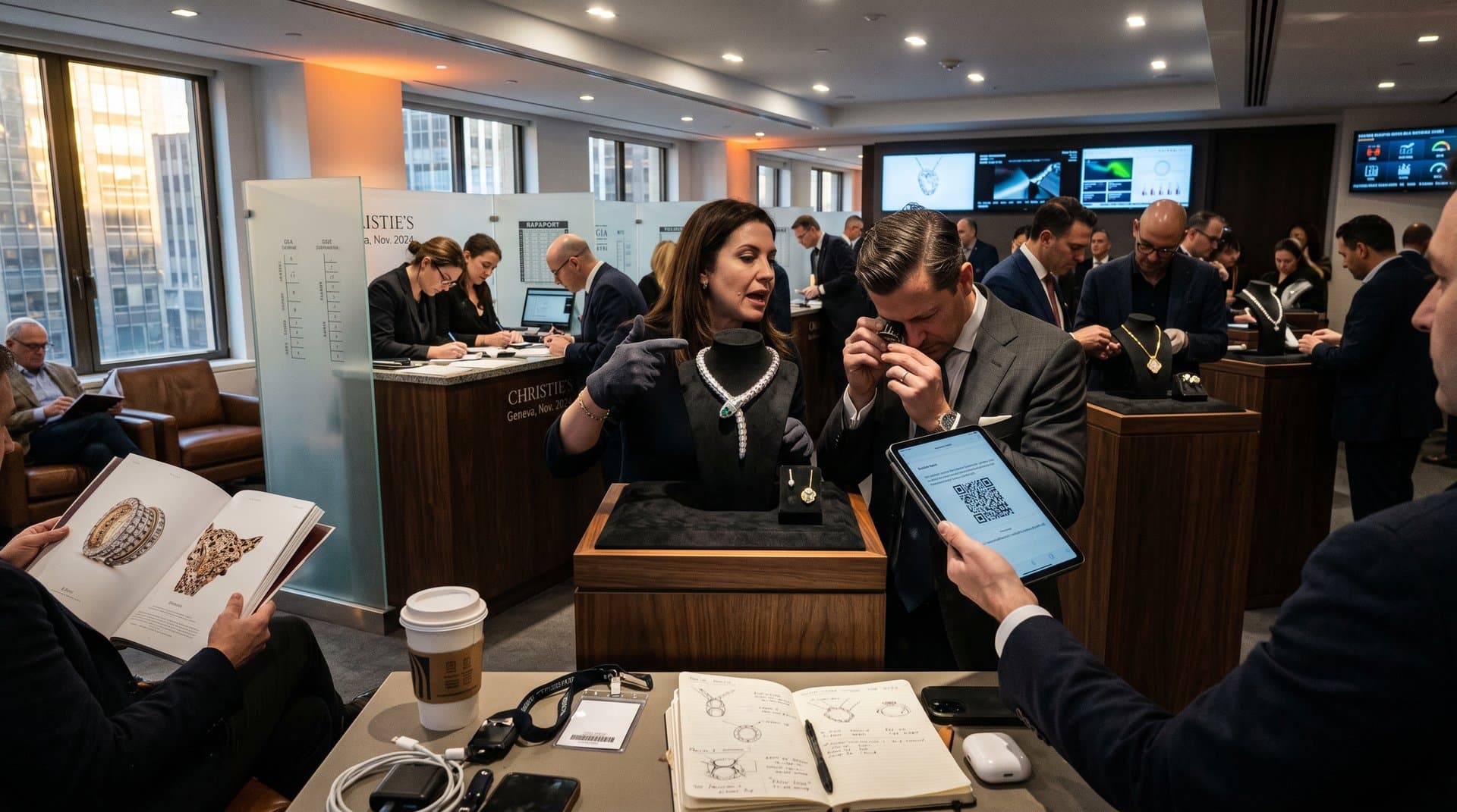 Auction experts scrutinize Bulgari and Van Cleef jewelry under LED spots in Christie's preview room with provenance screens and bidder iPads