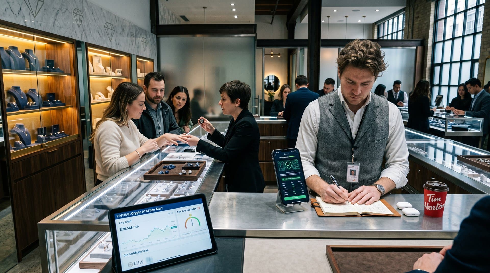 Toronto jewelry boutique displays bridal diamonds with FINTRAC crypto ATM ban alert, BTC at $76,588, and Fear & Greed 26 on screens