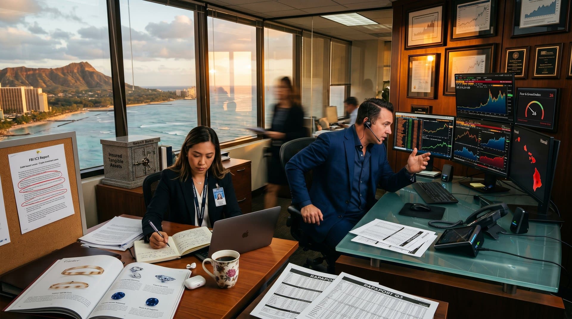 Honolulu advisor reviews BTC charts, jewelry catalogs, and FBI crypto scam alerts in luxury office