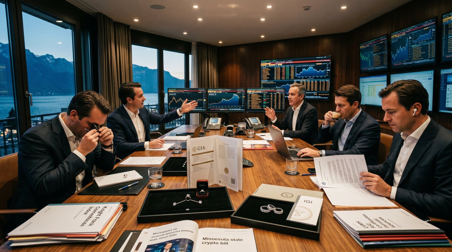 Richemont boardroom overlooking Lake Geneva: Bloomberg screens with $77K BTC, Rapaport prices, GIA-certified bridal diamonds on velvet trays