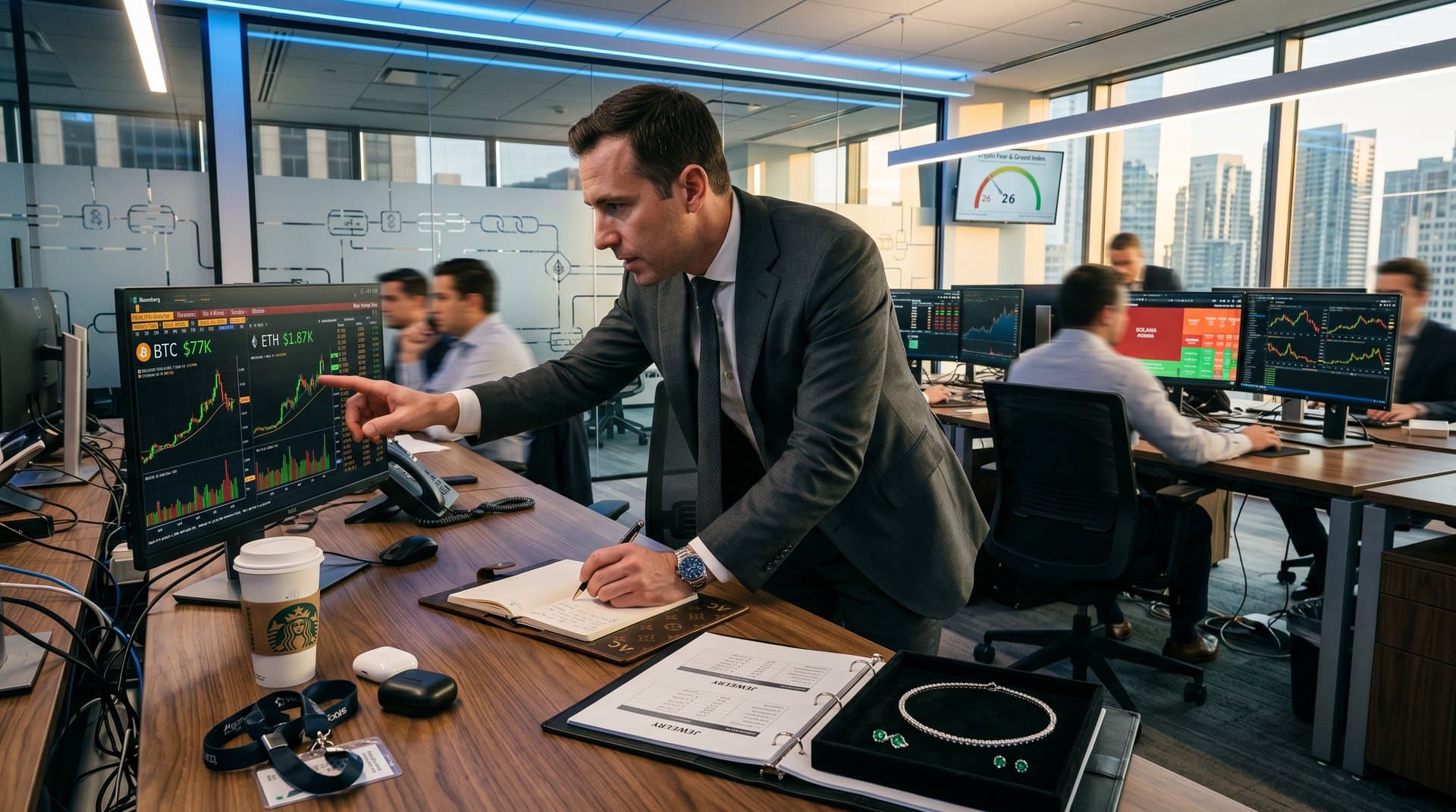 Trading desk with crypto charts, jewelry tray, and Fear & Greed Index display