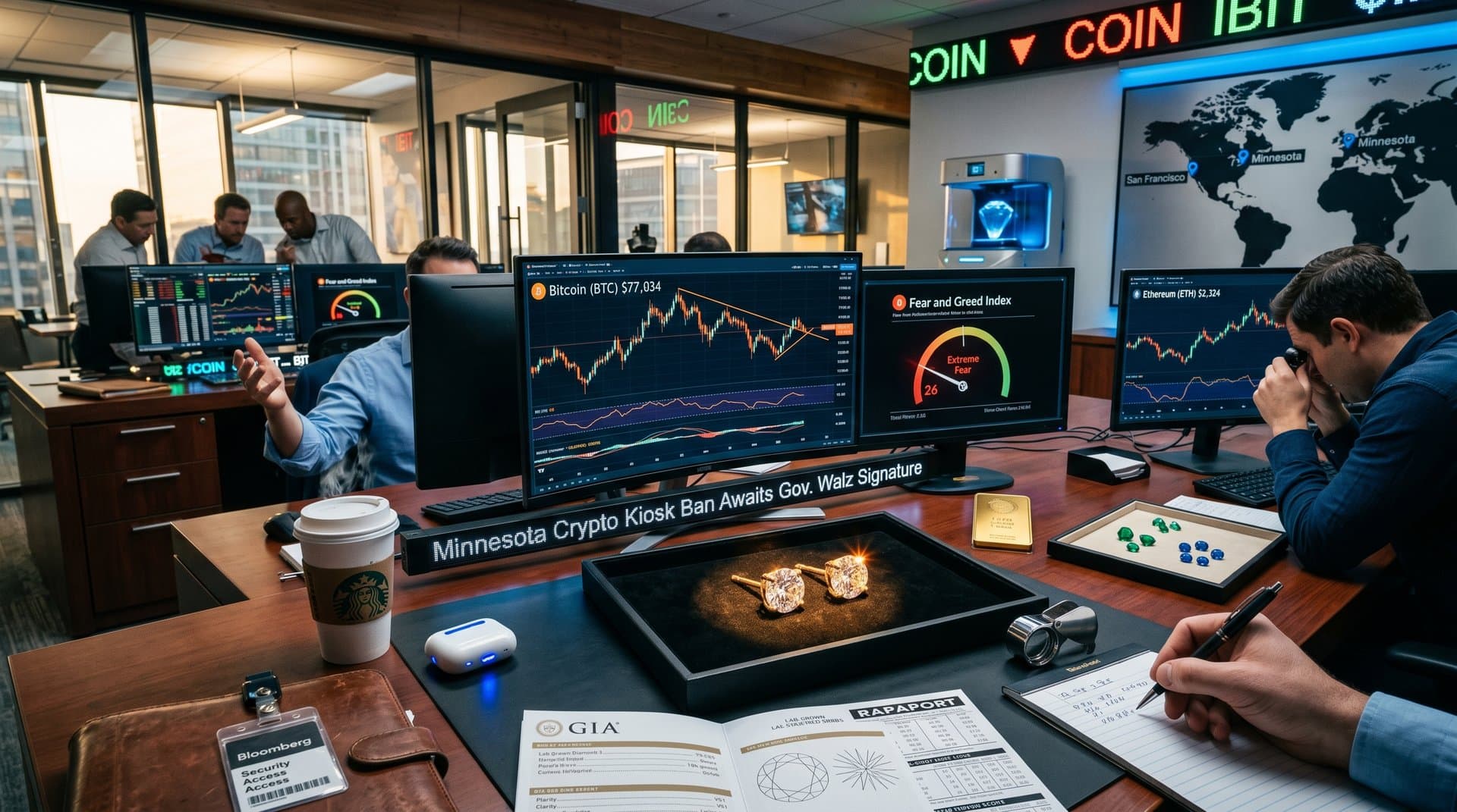 Diamond stud earrings beside crypto charts showing BTC at $77K and Fear & Greed at 26 on finance desk